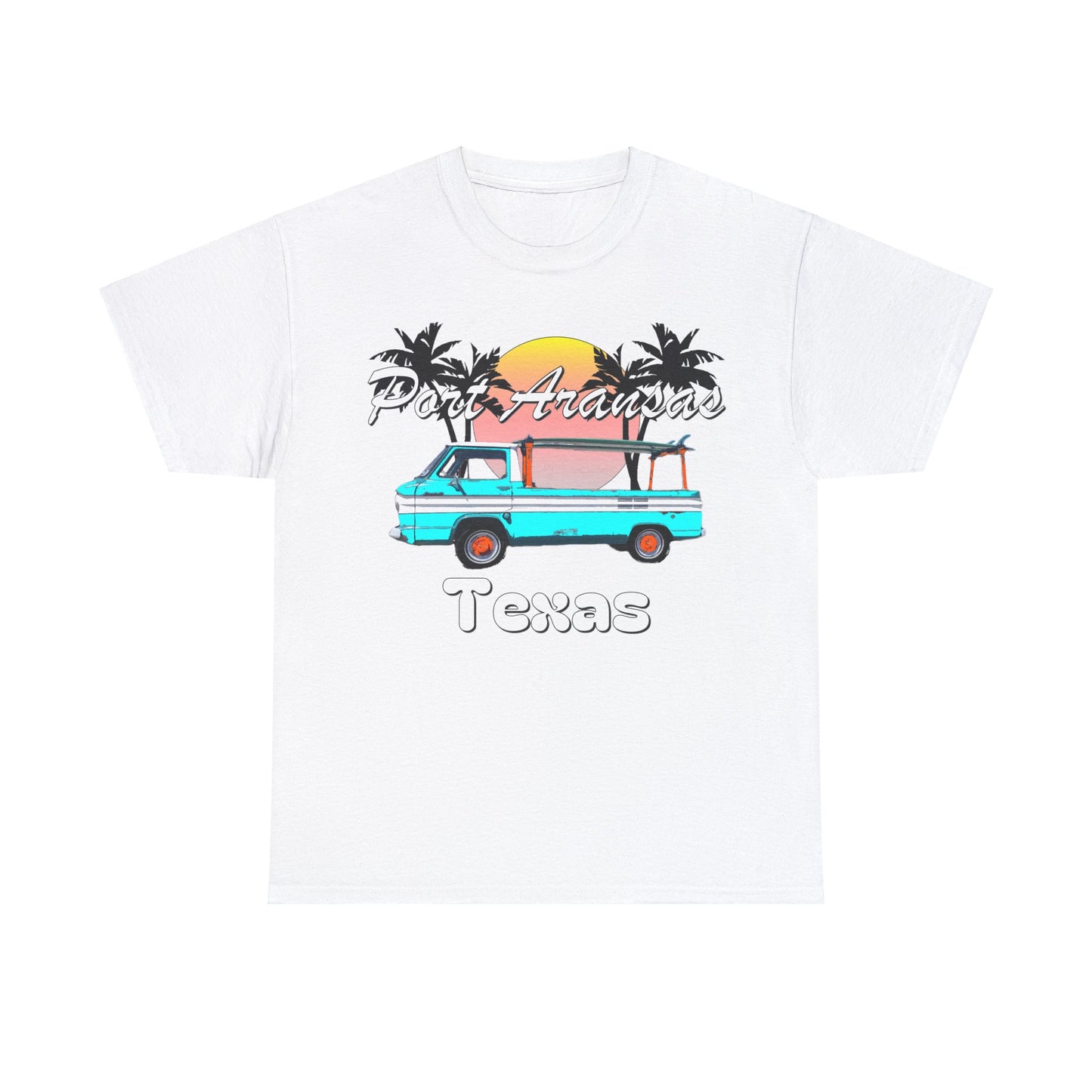 Port Aransas Texas, Port A Surfer, Palm Trees, Beach Vacation Heavy Cotton Tee