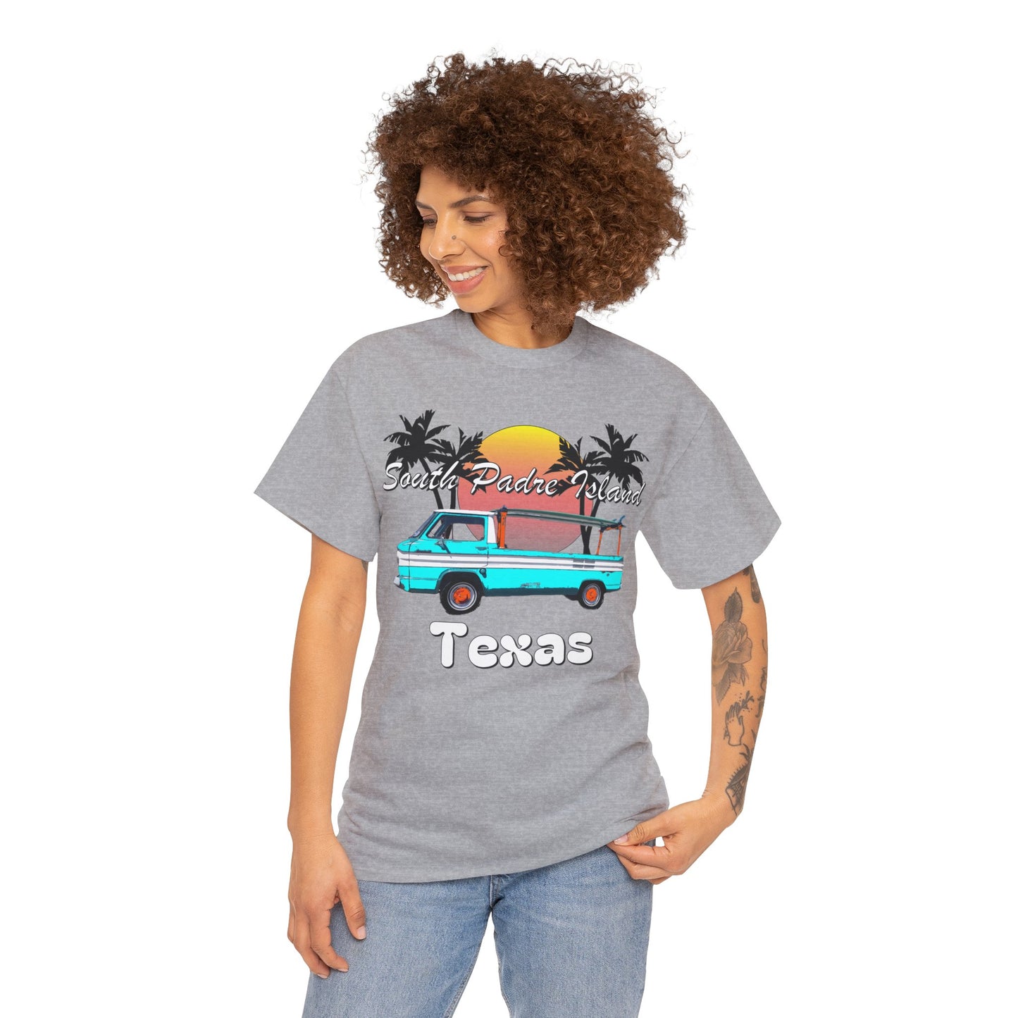 South Padre Island Texas, South Padre Surfer, Palm Trees Heavy Cotton Tee