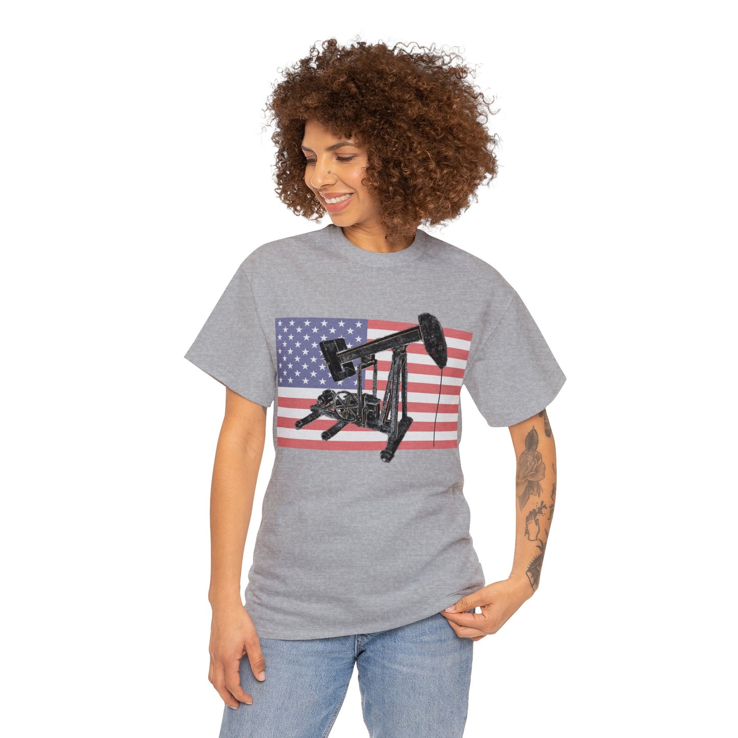 American Oil Worker Pump Jack USA Flag Heavy Cotton Tee