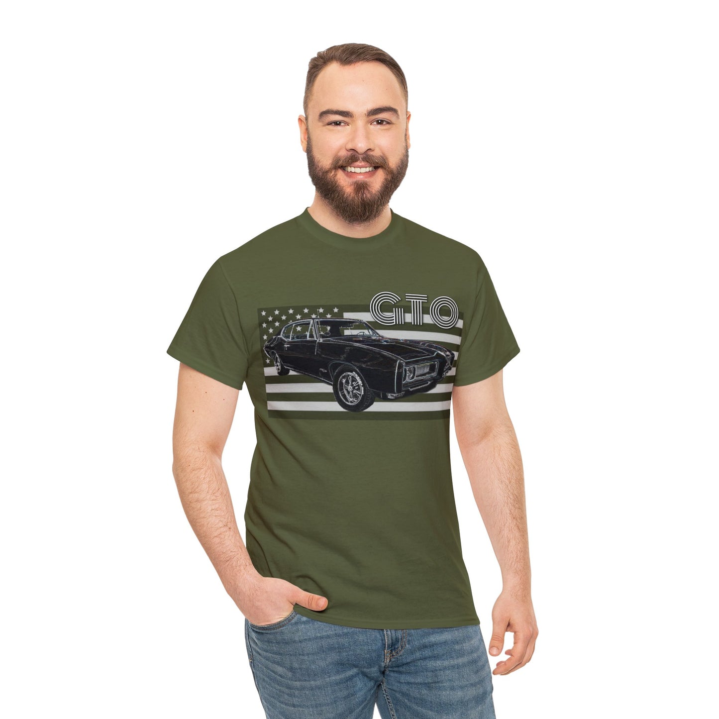 GTO Muscle Car, Pontiac, Vintage Car, Vintage American Car, American Flag Heavy Cotton Tee