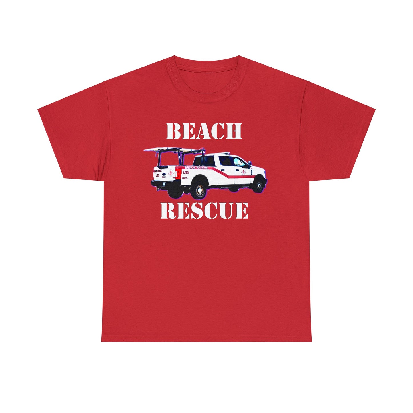 Beach Rescue Truck, Beach Life Guard Truck, Truck with Surfboard Heavy Cotton Tee