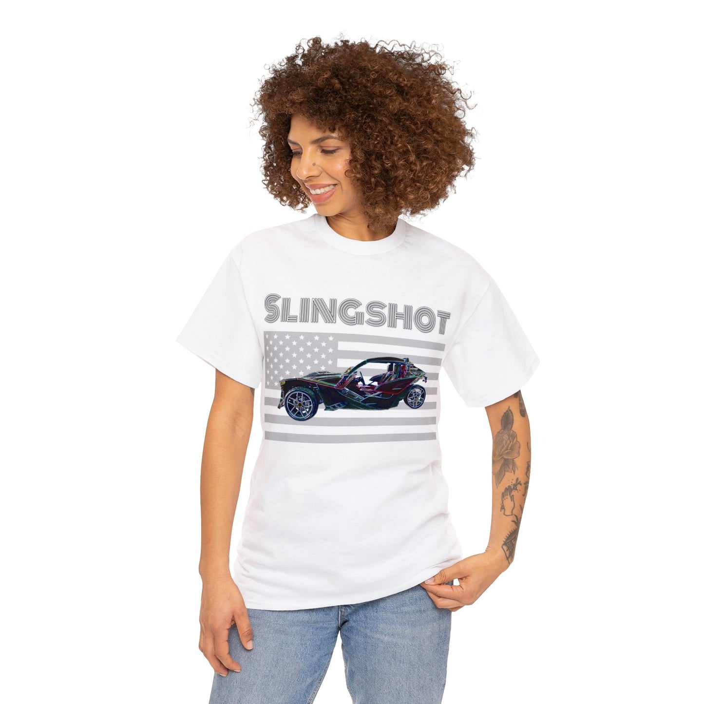 Sling Shot Three Wheel Car, Slingshot Convertible, American Flag Heavy Cotton Tee