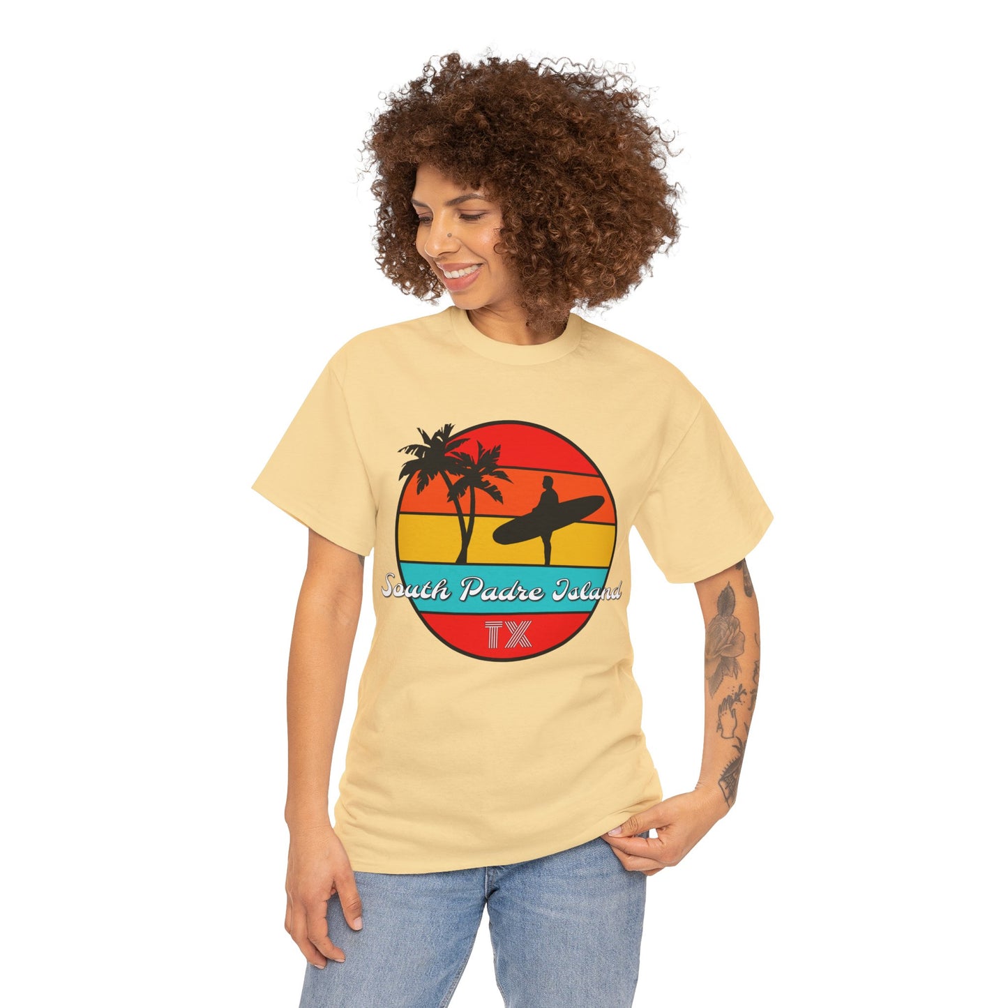 South Padre Island Texas, South Padre Surfer, Palm Trees Heavy Cotton Tee