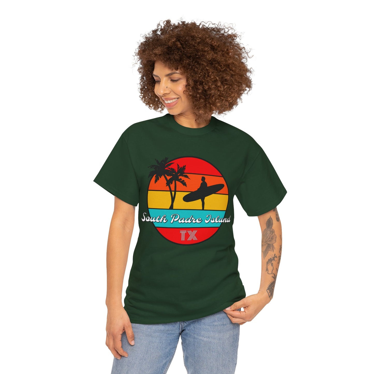 South Padre Island Texas, South Padre Surfer, Palm Trees Heavy Cotton Tee