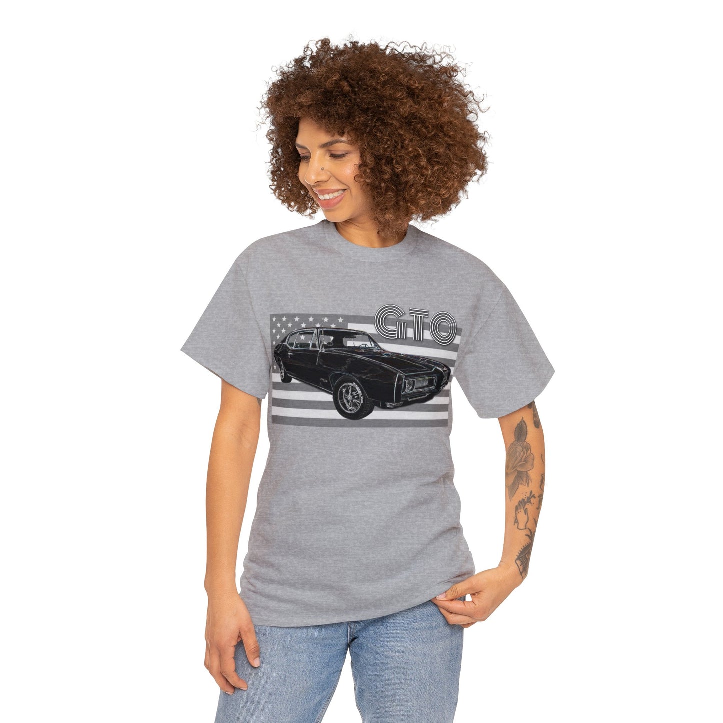 GTO Muscle Car, Pontiac, Vintage Car, Vintage American Car, American Flag Heavy Cotton Tee