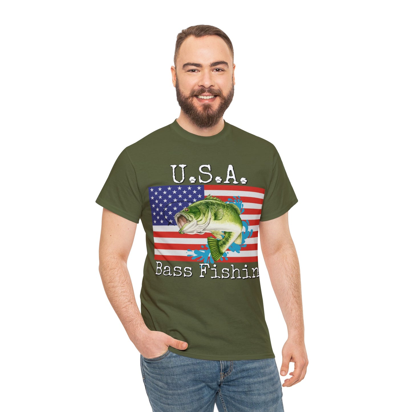 Vintage Retro USA American Flag Bass Fishing Heavy Cotton Tee