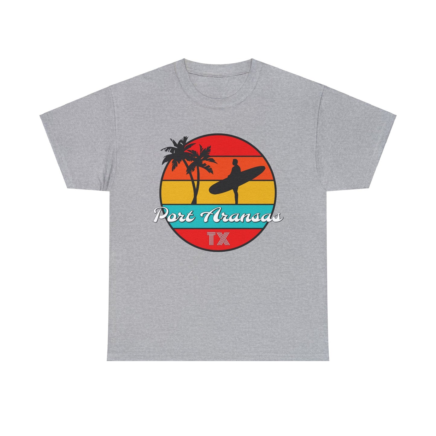 Port Aransas Texas, Port A Surfer, Palm Trees, Beach Vacation Heavy Cotton Tee