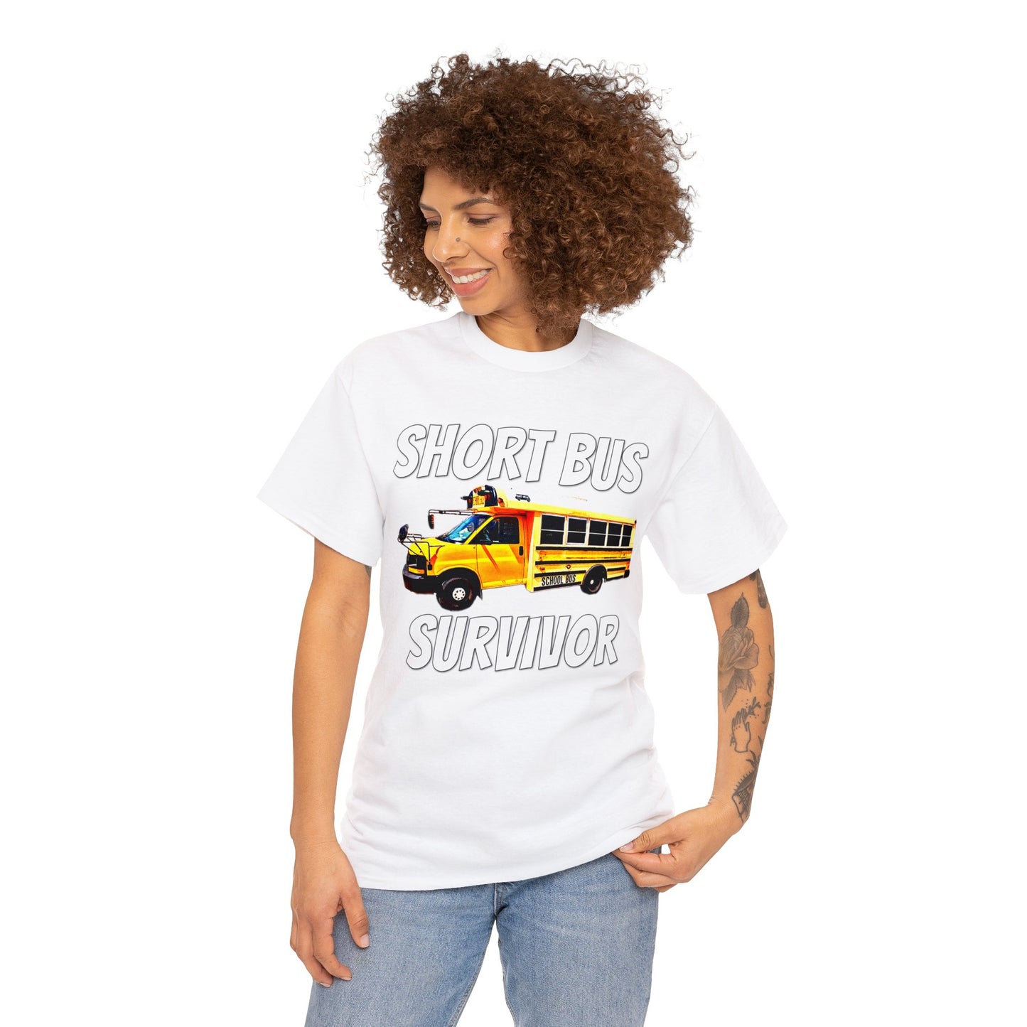 Short Bus, I Survived Riding the Short Bus, School Bus, Short Bus Rider Heavy Cotton Tee