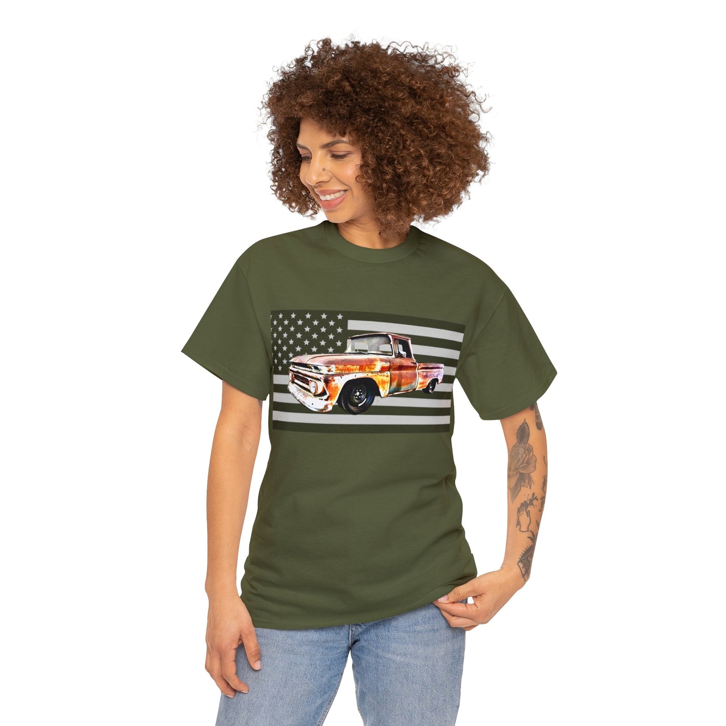 Vintage American Made Pickup Truck and Flag, Antique USA Truck Heavy Cotton Tee