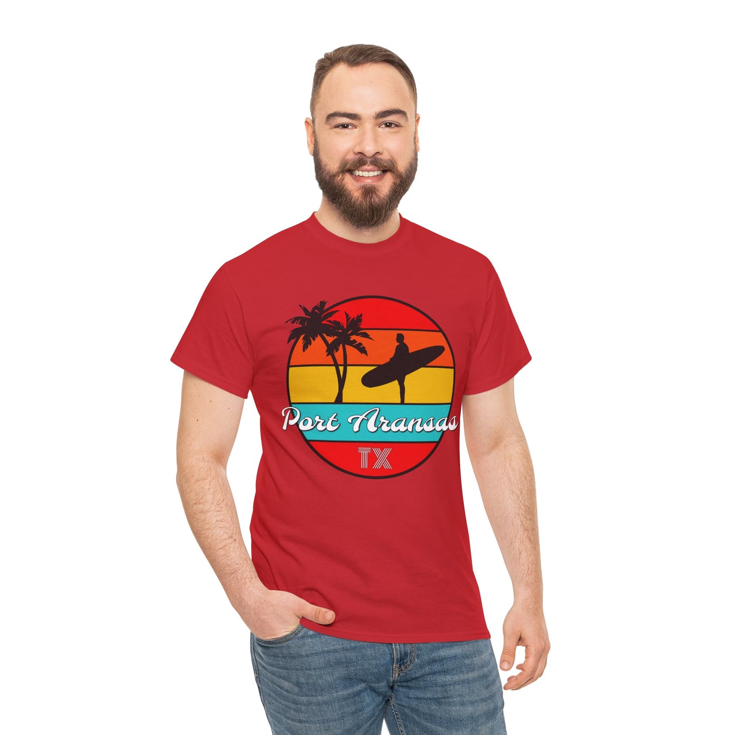 Port Aransas Texas, Port A Surfer, Palm Trees, Beach Vacation Heavy Cotton Tee