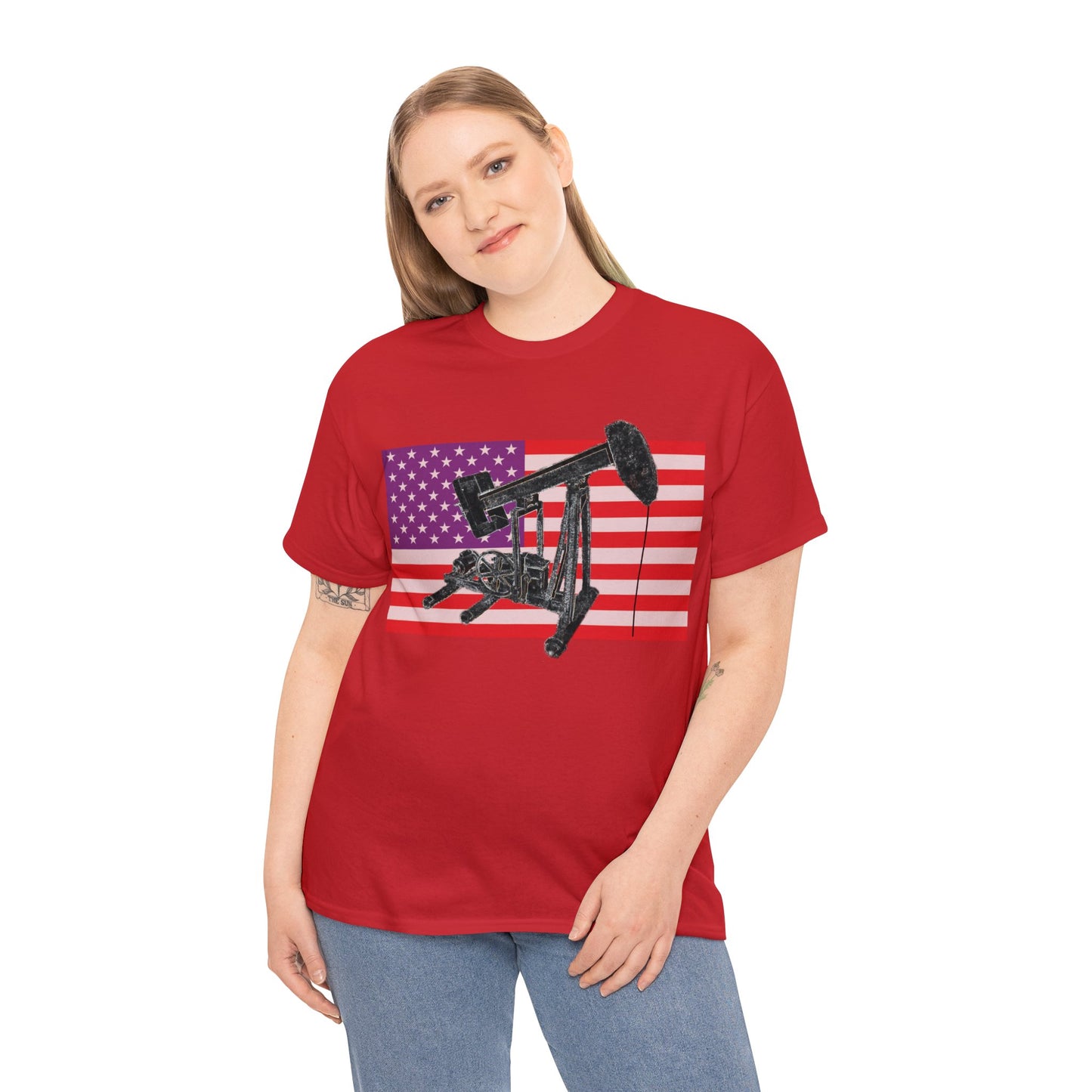 American Oil Worker Pump Jack USA Flag Heavy Cotton Tee