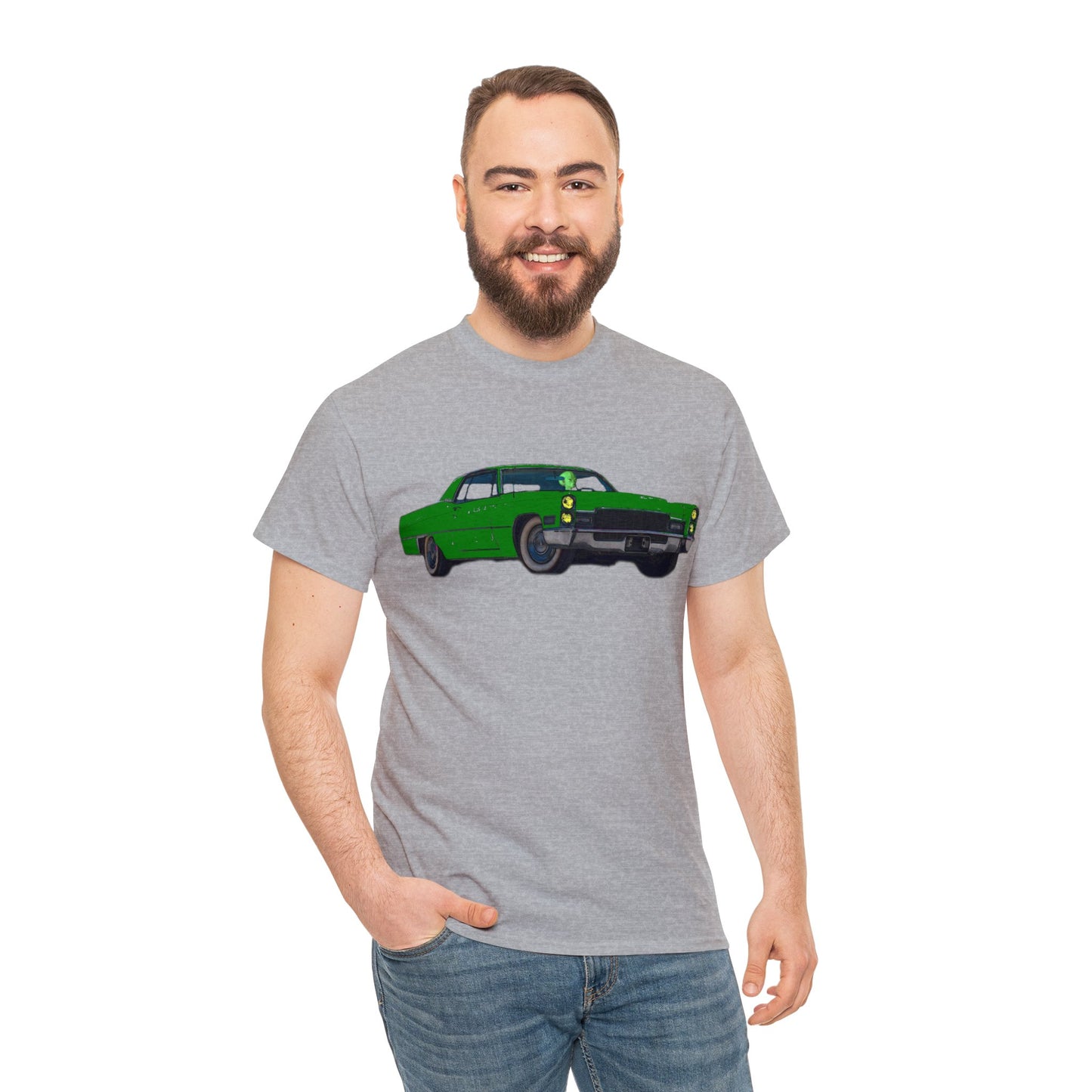 Alien Driving Car, Martian Driving a Vintage Caddy, Green Martian Heavy Cotton Tee