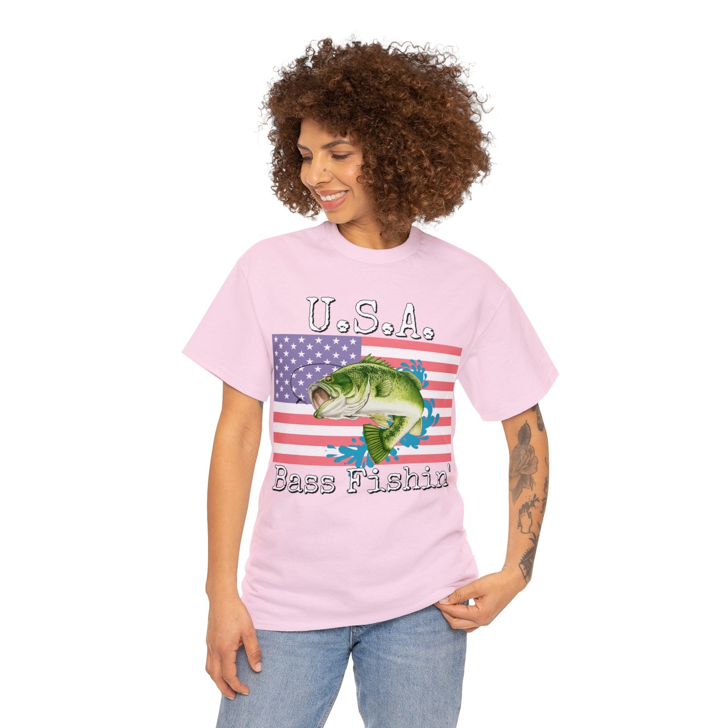 Vintage Retro USA American Flag Bass Fishing Heavy Cotton Tee