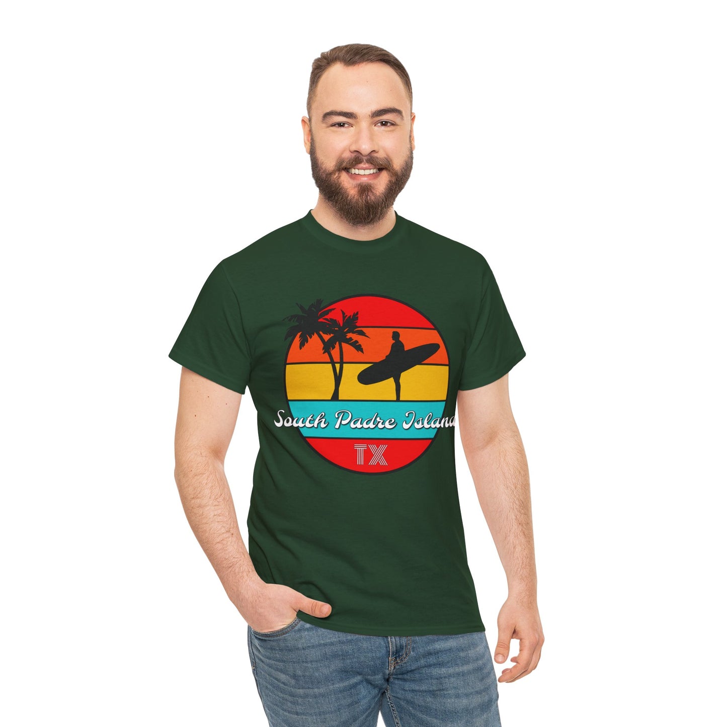 South Padre Island Texas, South Padre Surfer, Palm Trees Heavy Cotton Tee