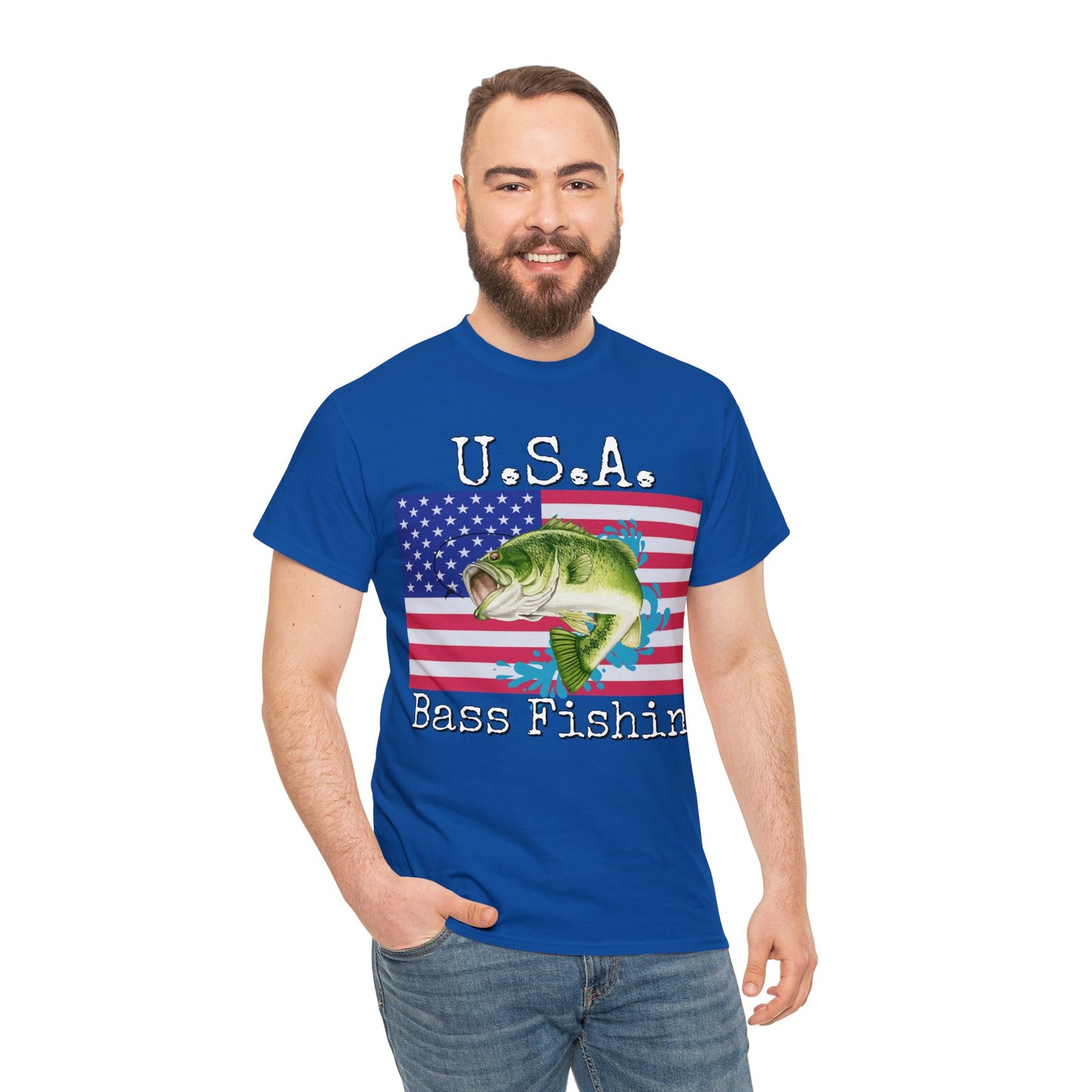 Vintage Retro USA American Flag Bass Fishing Heavy Cotton Tee