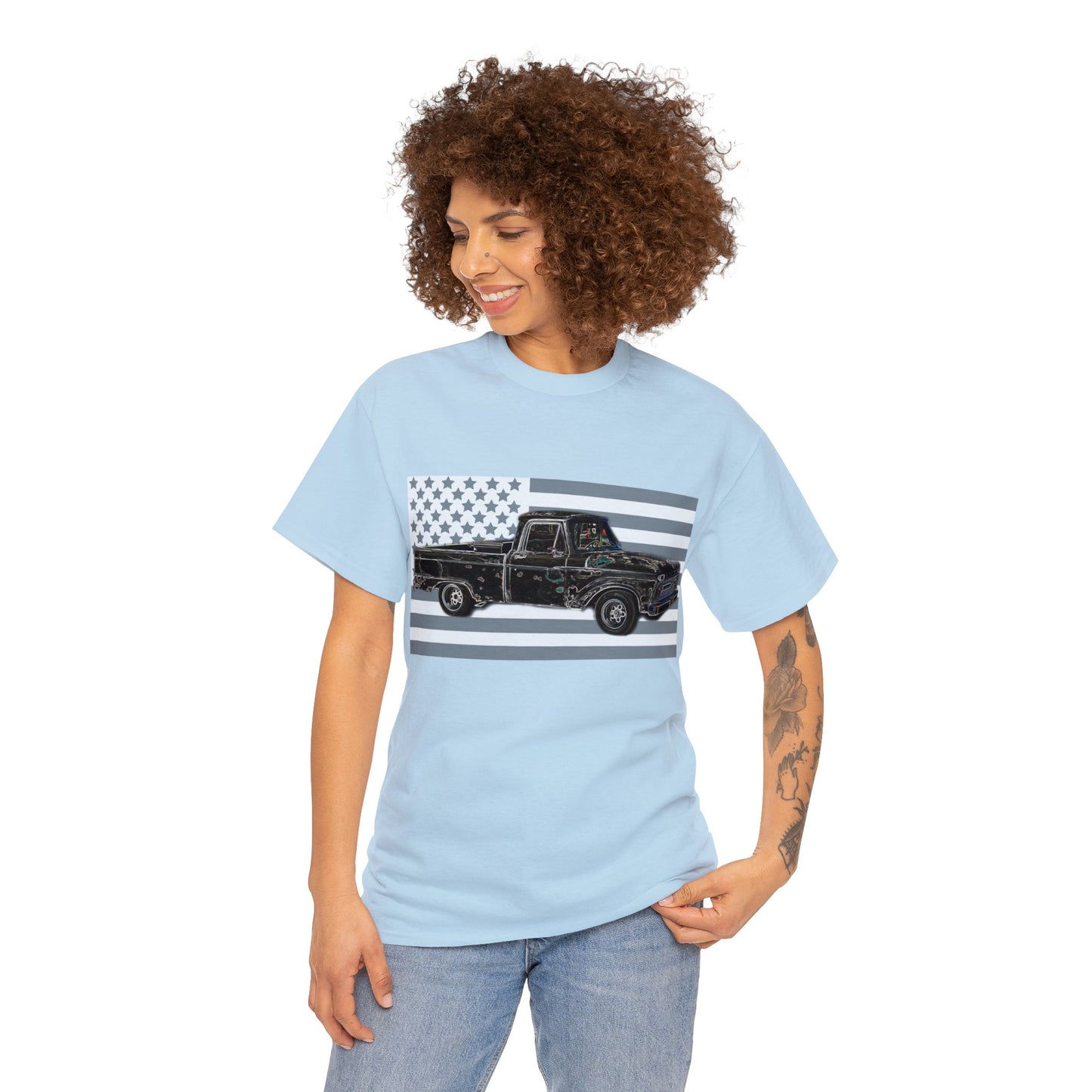 Vintage American Made Pickup Truck and Flag, Antique USA Truck Heavy Cotton Tee