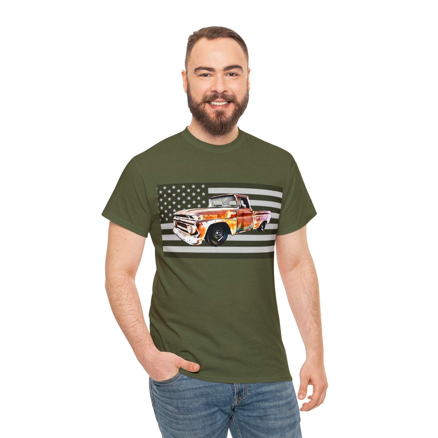 Vintage American Made Pickup Truck and Flag, Antique USA Truck Heavy Cotton Tee