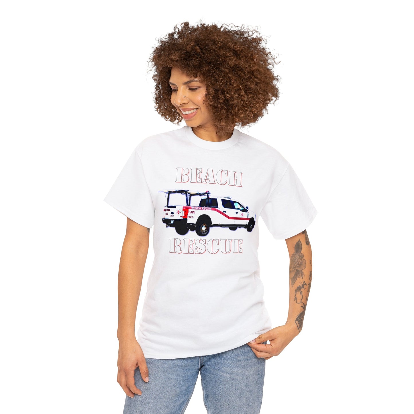 Beach Rescue Truck, Beach Life Guard Truck, Truck with Surfboard Heavy Cotton Tee