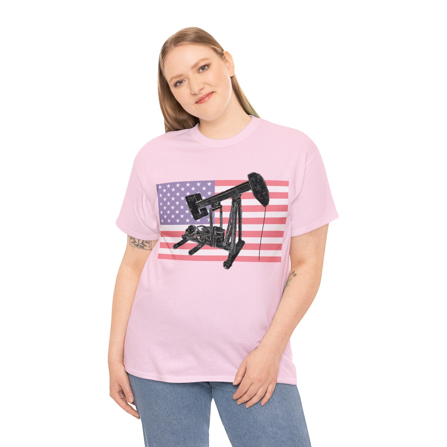 American Oil Worker Pump Jack USA Flag Heavy Cotton Tee