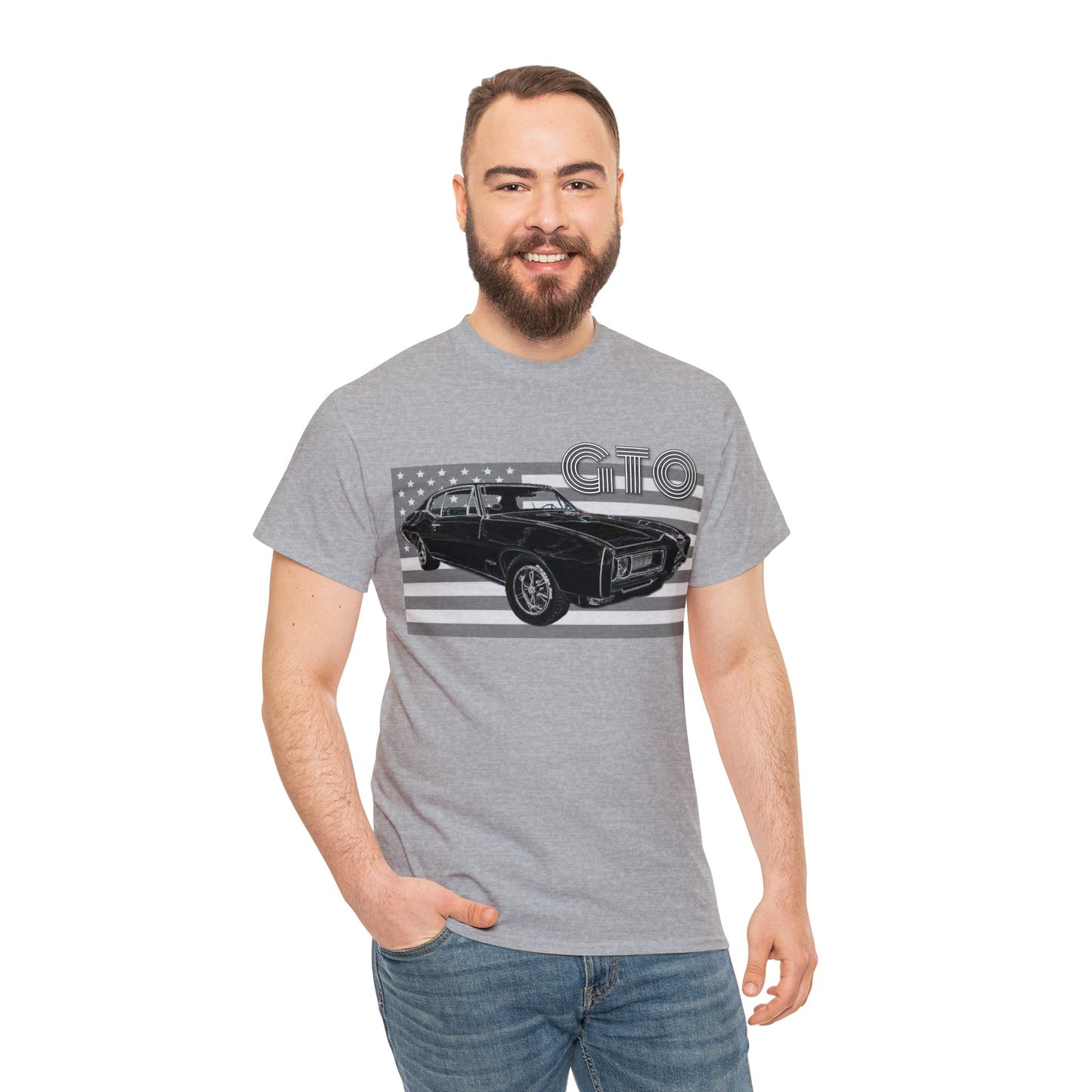 GTO Muscle Car, Pontiac, Vintage Car, Vintage American Car, American Flag Heavy Cotton Tee