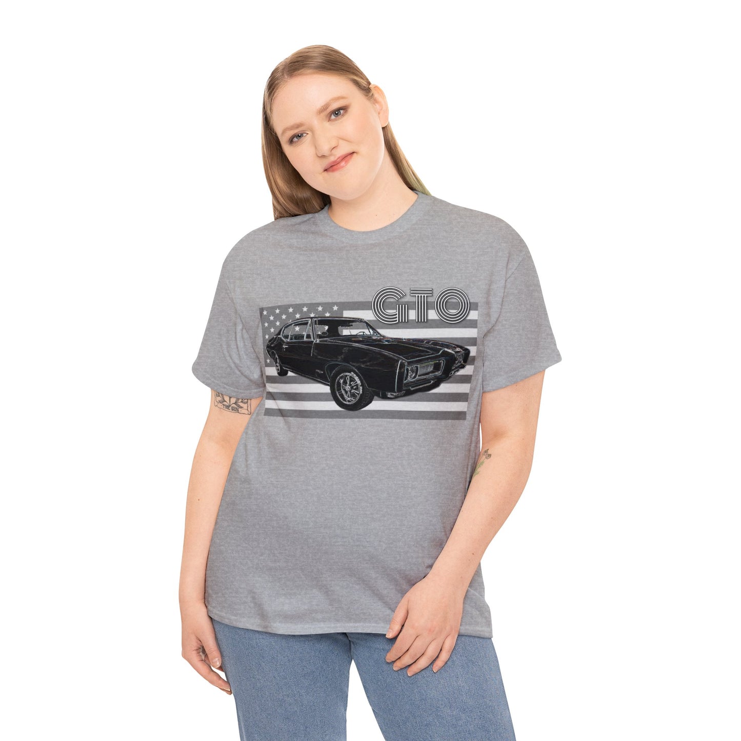 GTO Muscle Car, Pontiac, Vintage Car, Vintage American Car, American Flag Heavy Cotton Tee