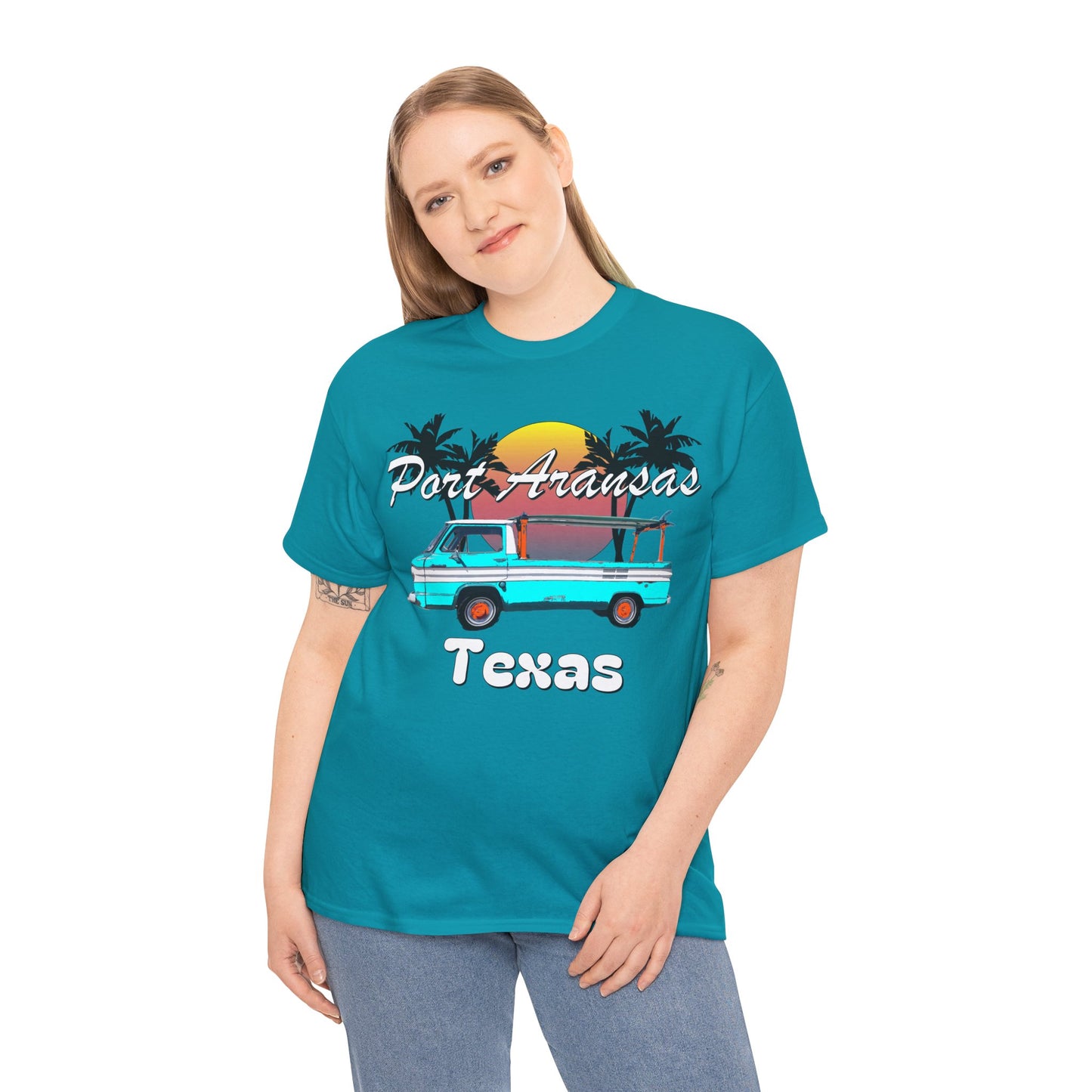 Port Aransas Texas, Port A Surfer, Palm Trees, Beach Vacation Heavy Cotton Tee