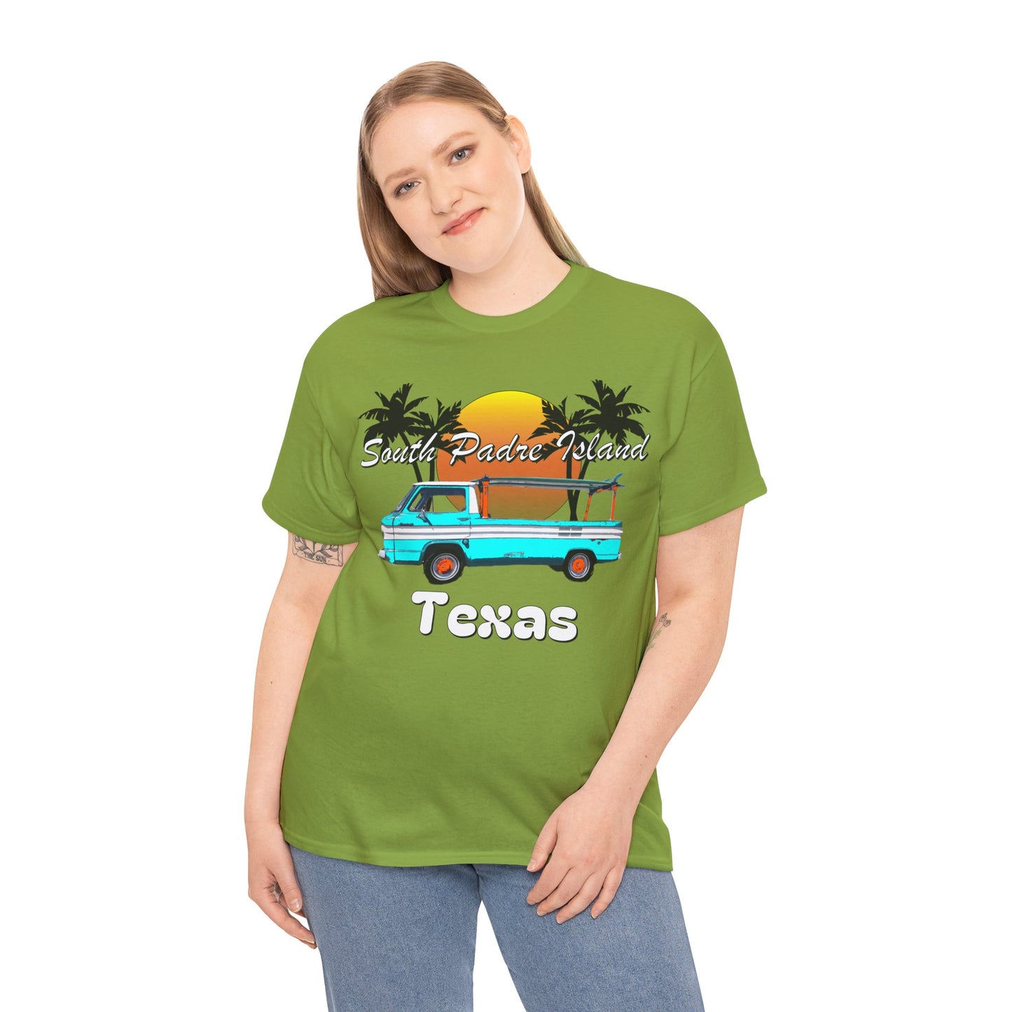 South Padre Island Texas, South Padre Surfer, Palm Trees Heavy Cotton Tee