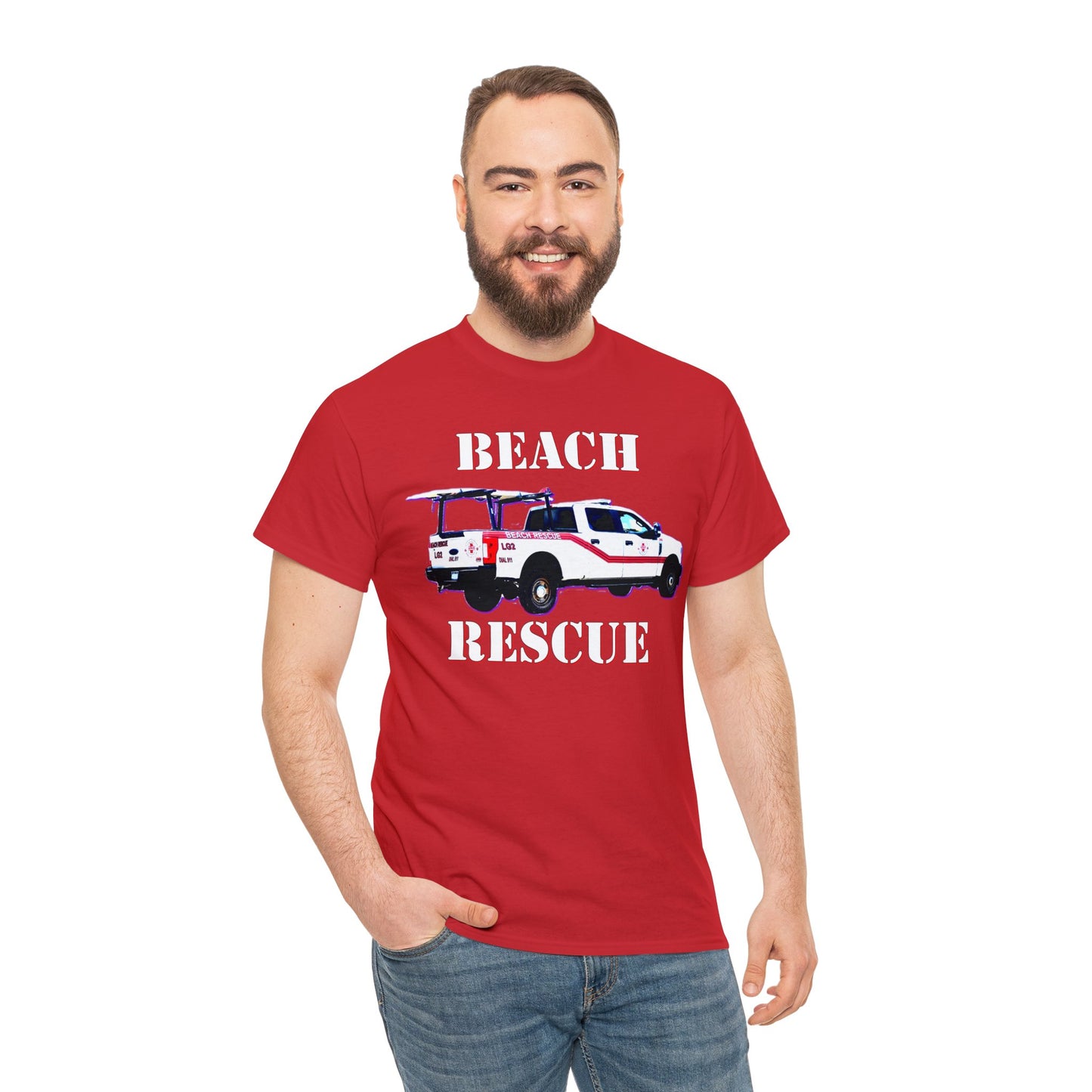 Beach Rescue Truck, Beach Life Guard Truck, Truck with Surfboard Heavy Cotton Tee