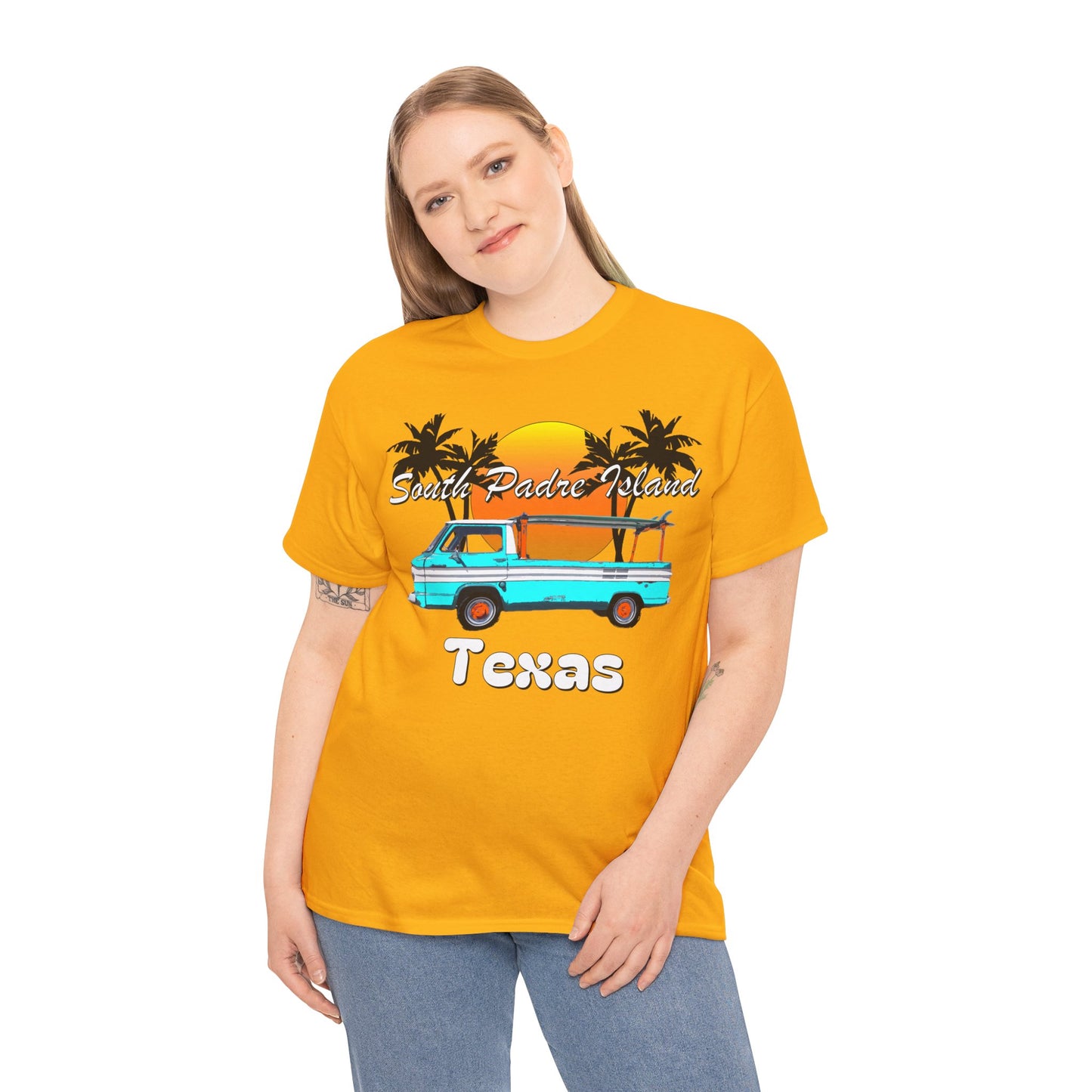 South Padre Island Texas, South Padre Surfer, Palm Trees Heavy Cotton Tee