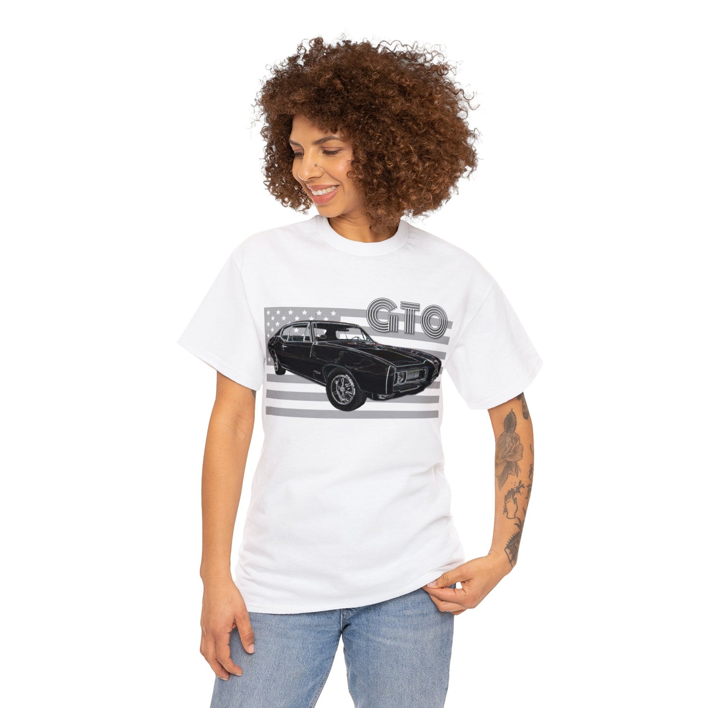 GTO Muscle Car, Pontiac, Vintage Car, Vintage American Car, American Flag Heavy Cotton Tee