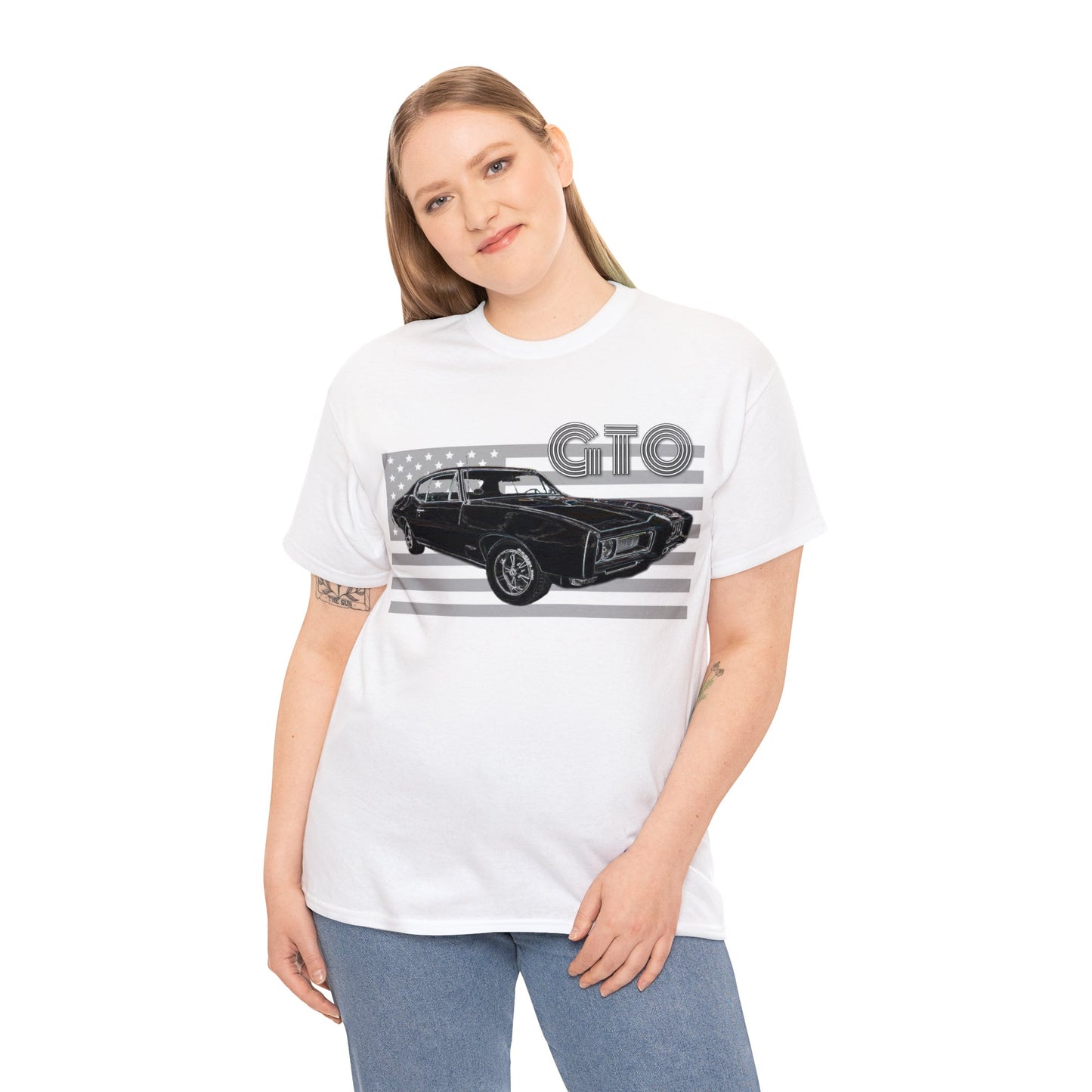 GTO Muscle Car, Pontiac, Vintage Car, Vintage American Car, American Flag Heavy Cotton Tee