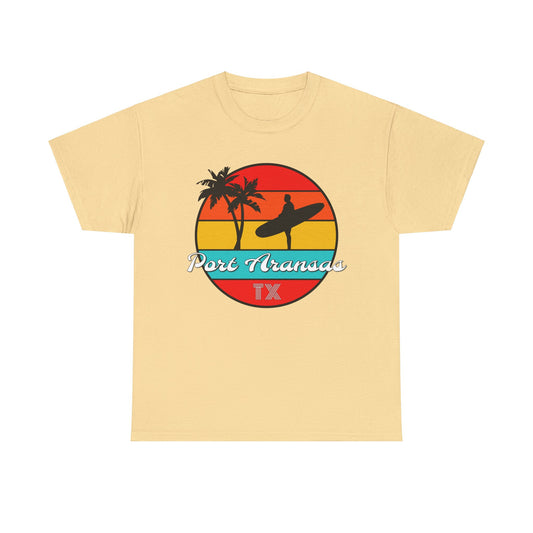 Port Aransas Texas, Port A Surfer, Palm Trees, Beach Vacation Heavy Cotton Tee