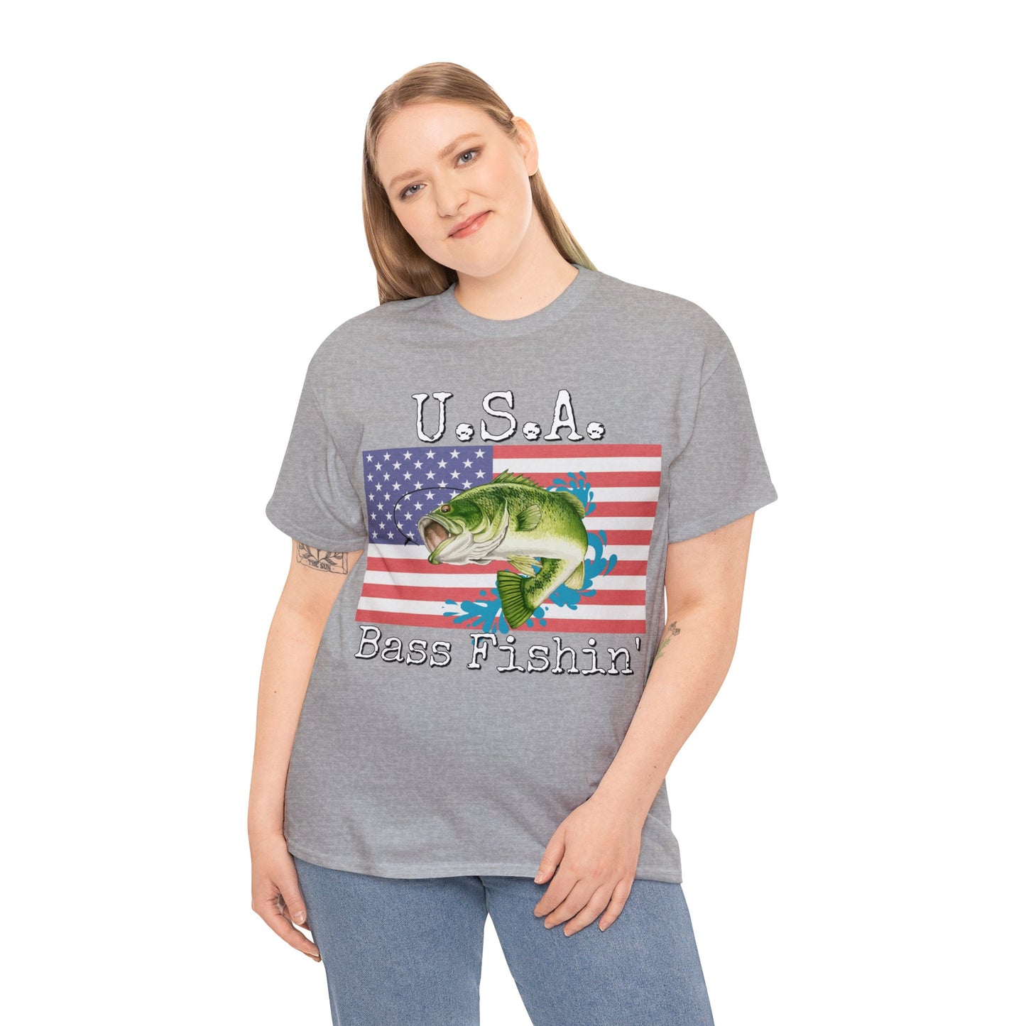 Vintage Retro USA American Flag Bass Fishing Heavy Cotton Tee