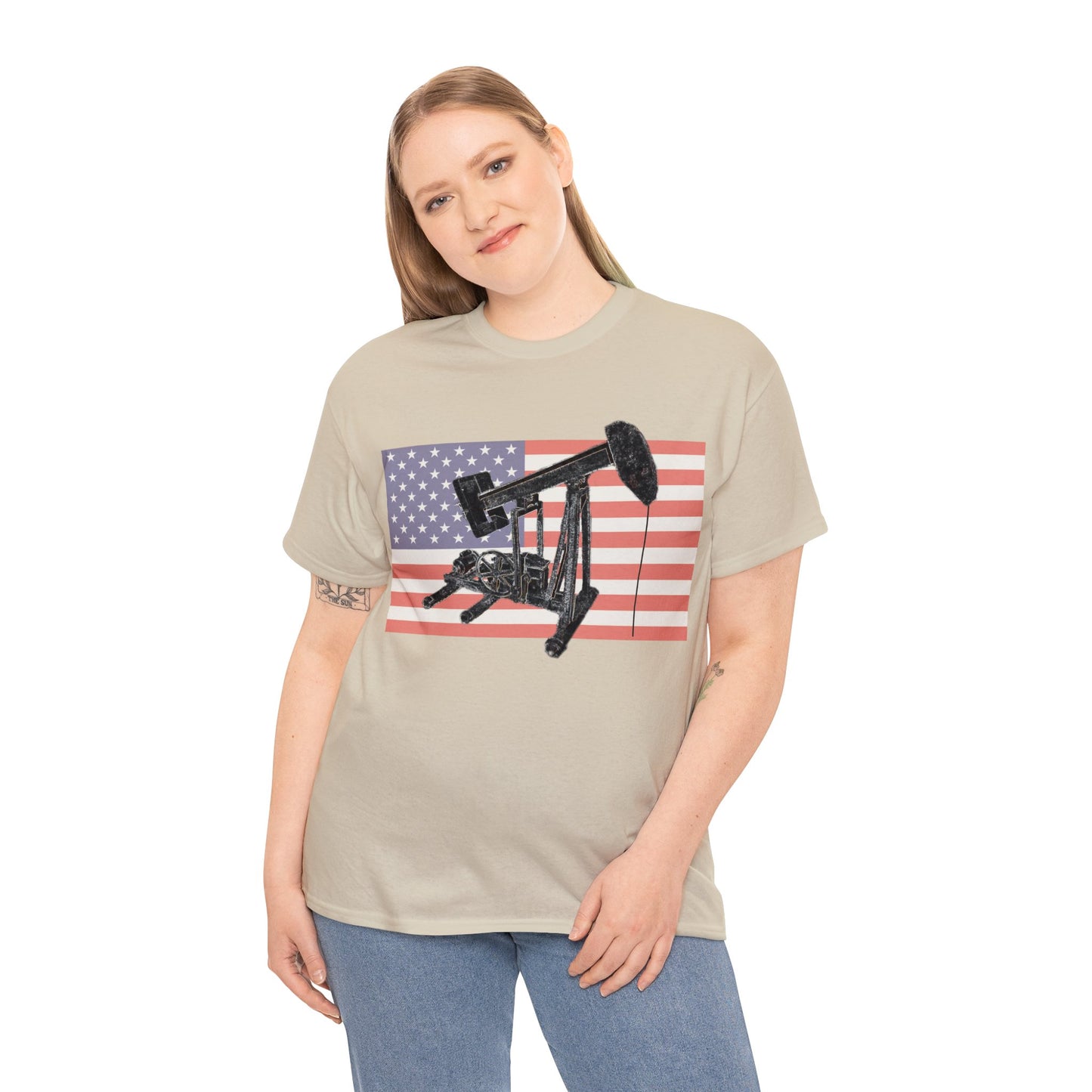 American Oil Worker Pump Jack USA Flag Heavy Cotton Tee