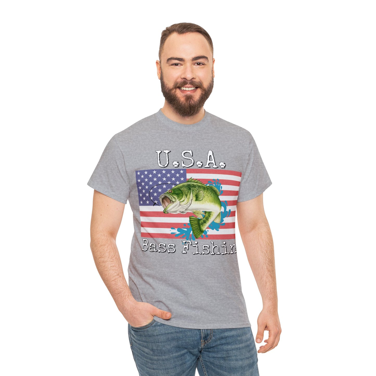 Vintage Retro USA American Flag Bass Fishing Heavy Cotton Tee