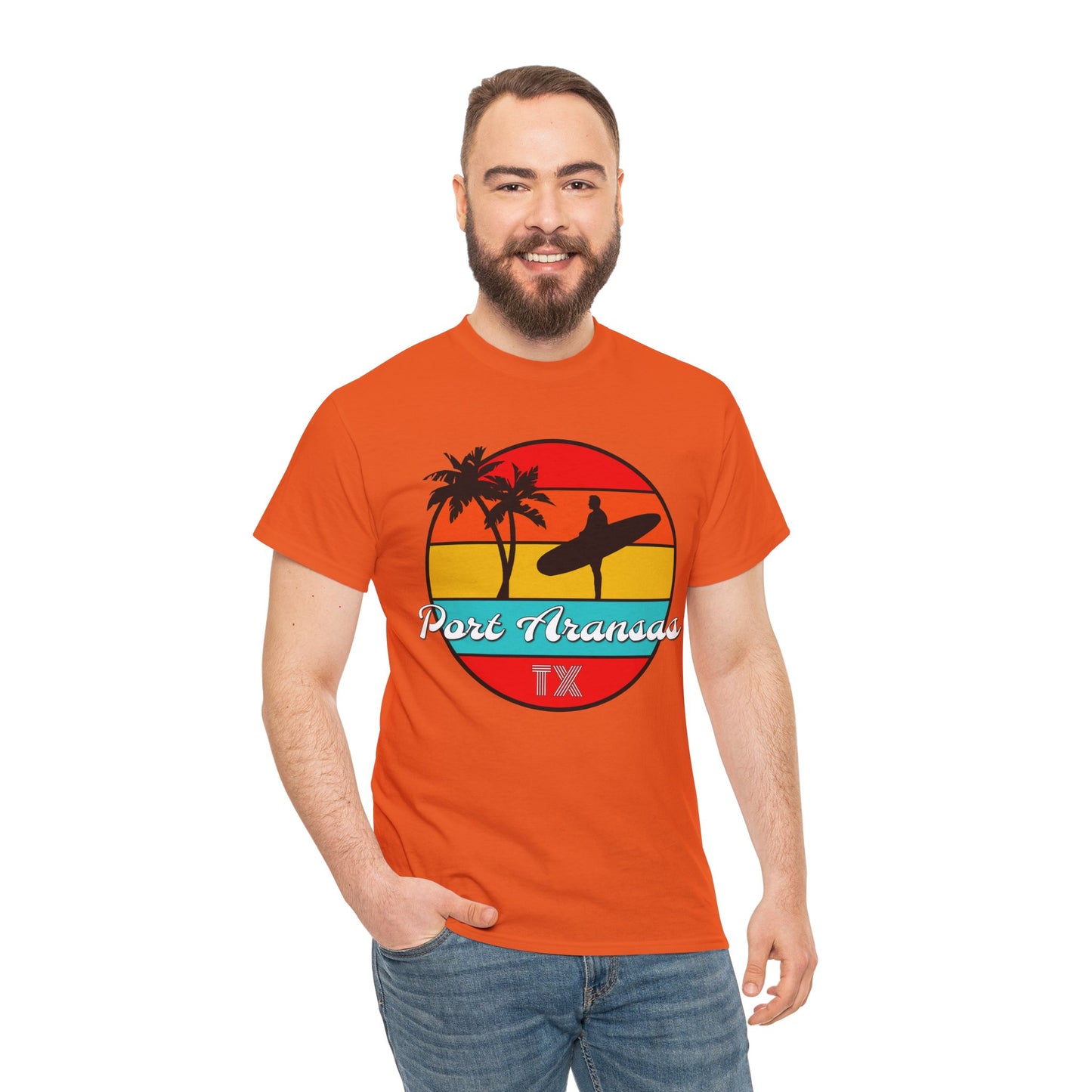 Port Aransas Texas, Port A Surfer, Palm Trees, Beach Vacation Heavy Cotton Tee