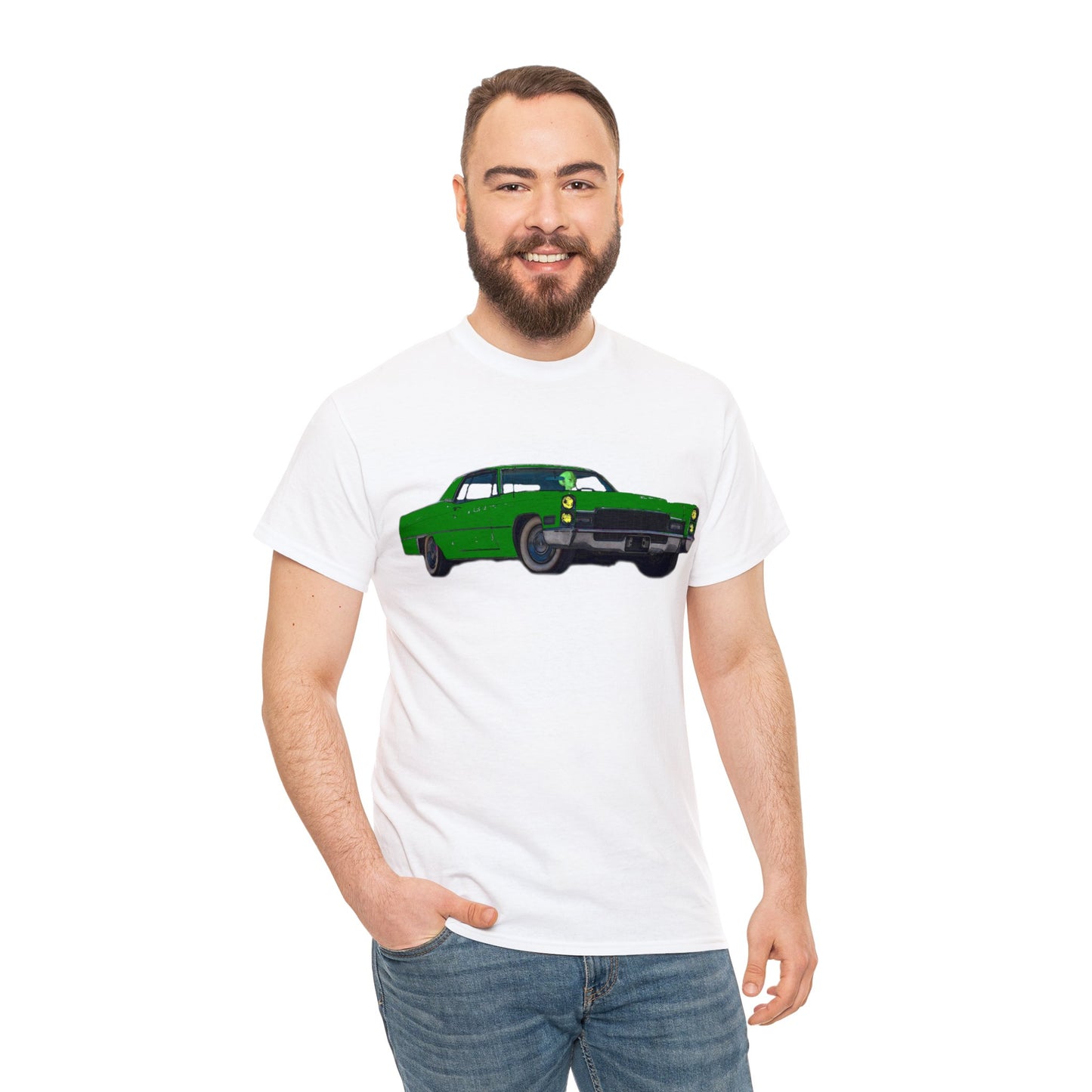 Alien Driving Car, Martian Driving a Vintage Caddy, Green Martian Heavy Cotton Tee