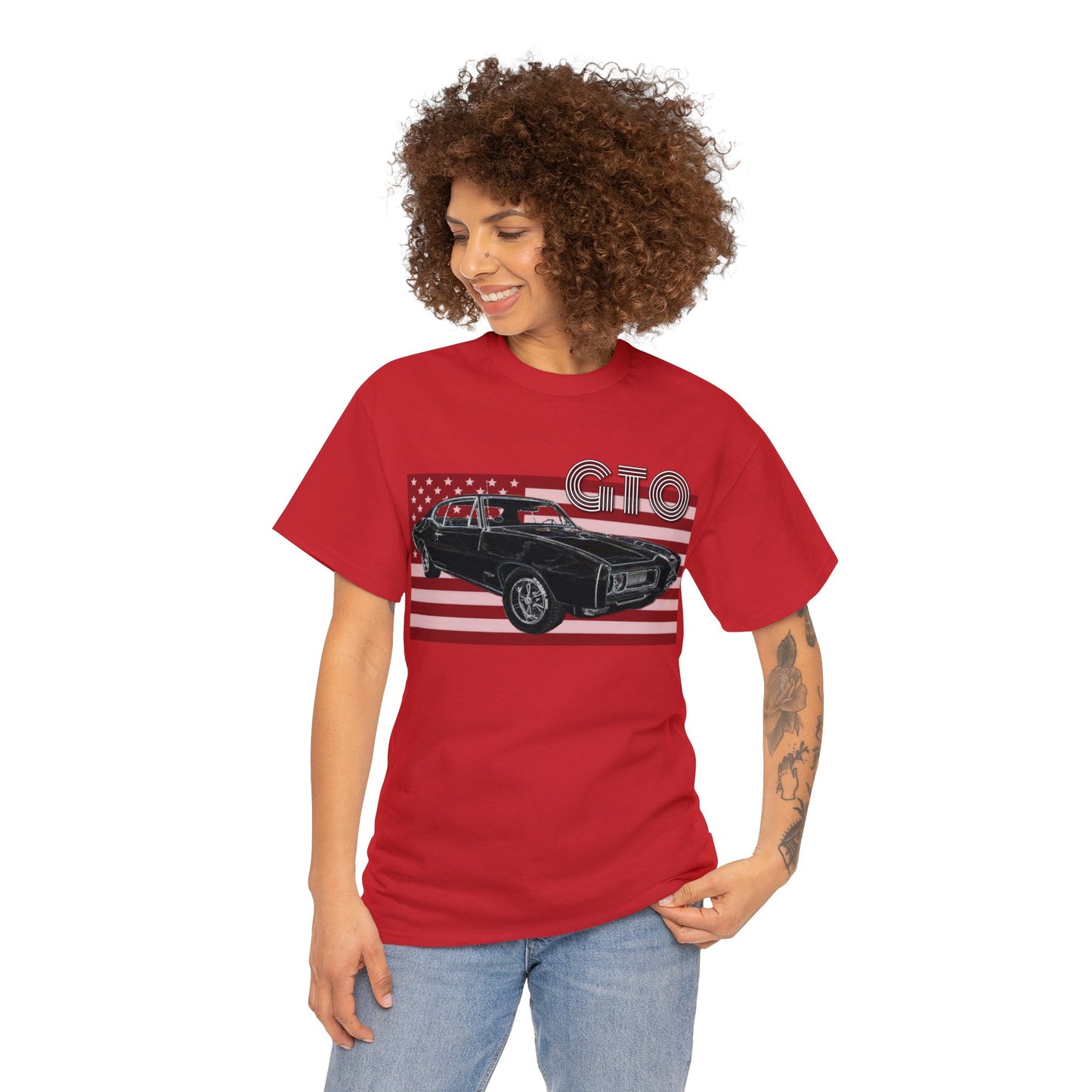 GTO Muscle Car, Pontiac, Vintage Car, Vintage American Car, American Flag Heavy Cotton Tee