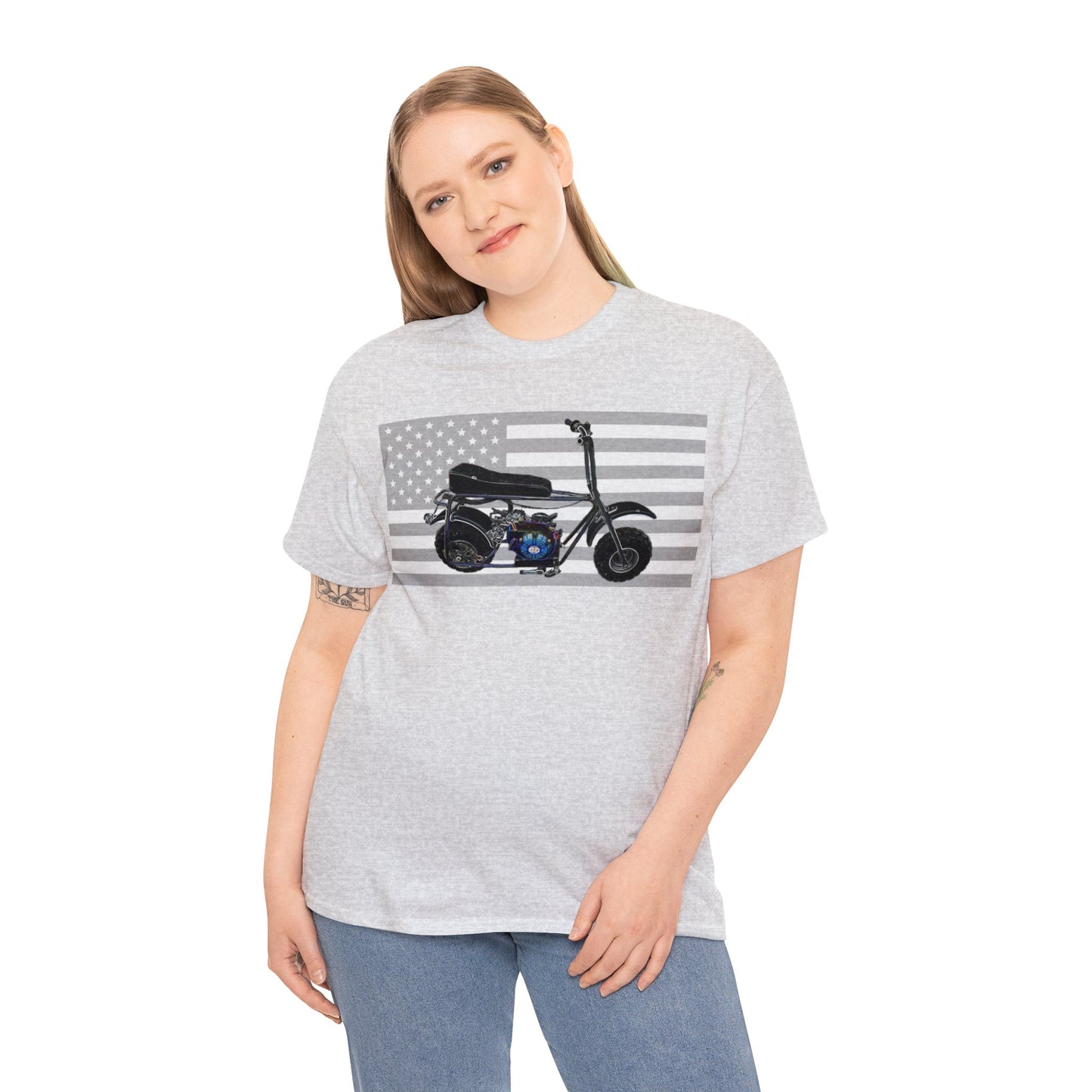 American Flag Vintage Mini Bike, Moped, Mini Motorcycle, Scooter Heavy Cotton Tee