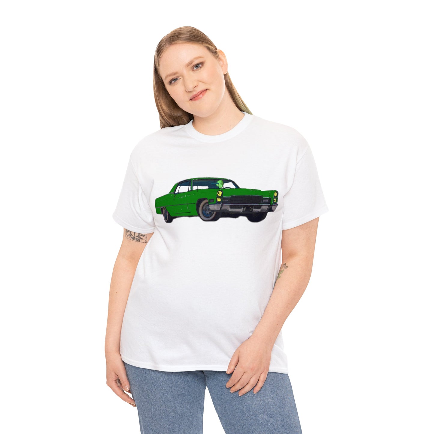 Alien Driving Car, Martian Driving a Vintage Caddy, Green Martian Heavy Cotton Tee