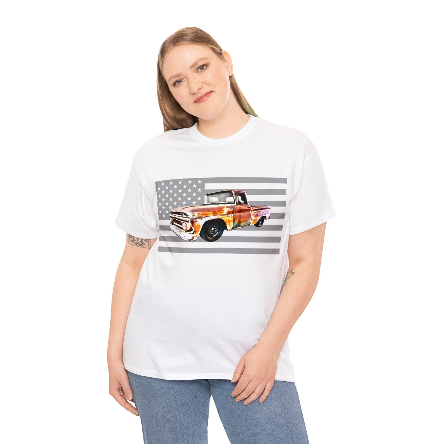 Vintage American Made Pickup Truck and Flag, Antique USA Truck Heavy Cotton Tee