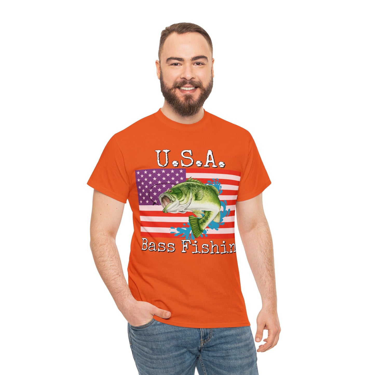 Vintage Retro USA American Flag Bass Fishing Heavy Cotton Tee