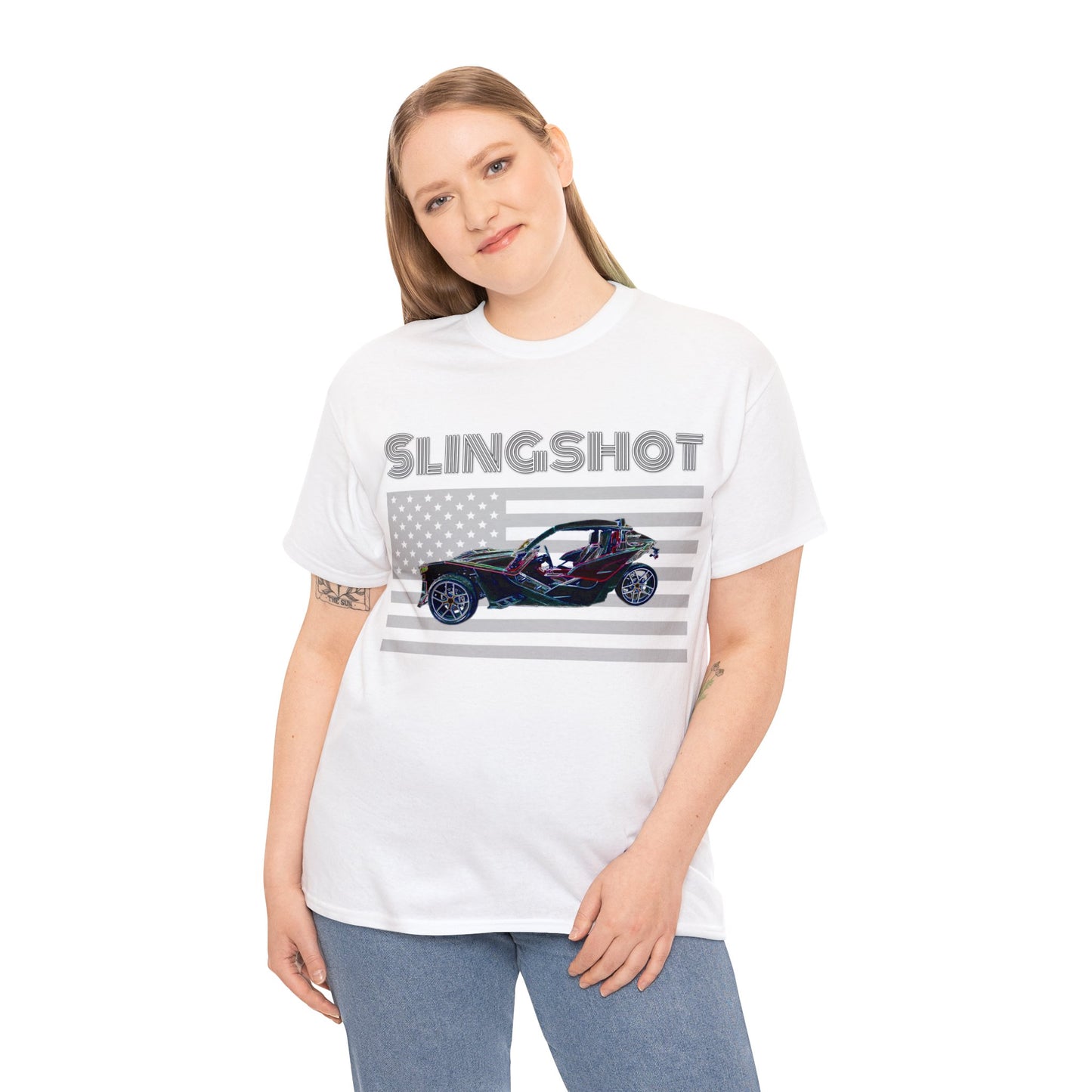 Sling Shot Three Wheel Car, Slingshot Convertible, American Flag Heavy Cotton Tee