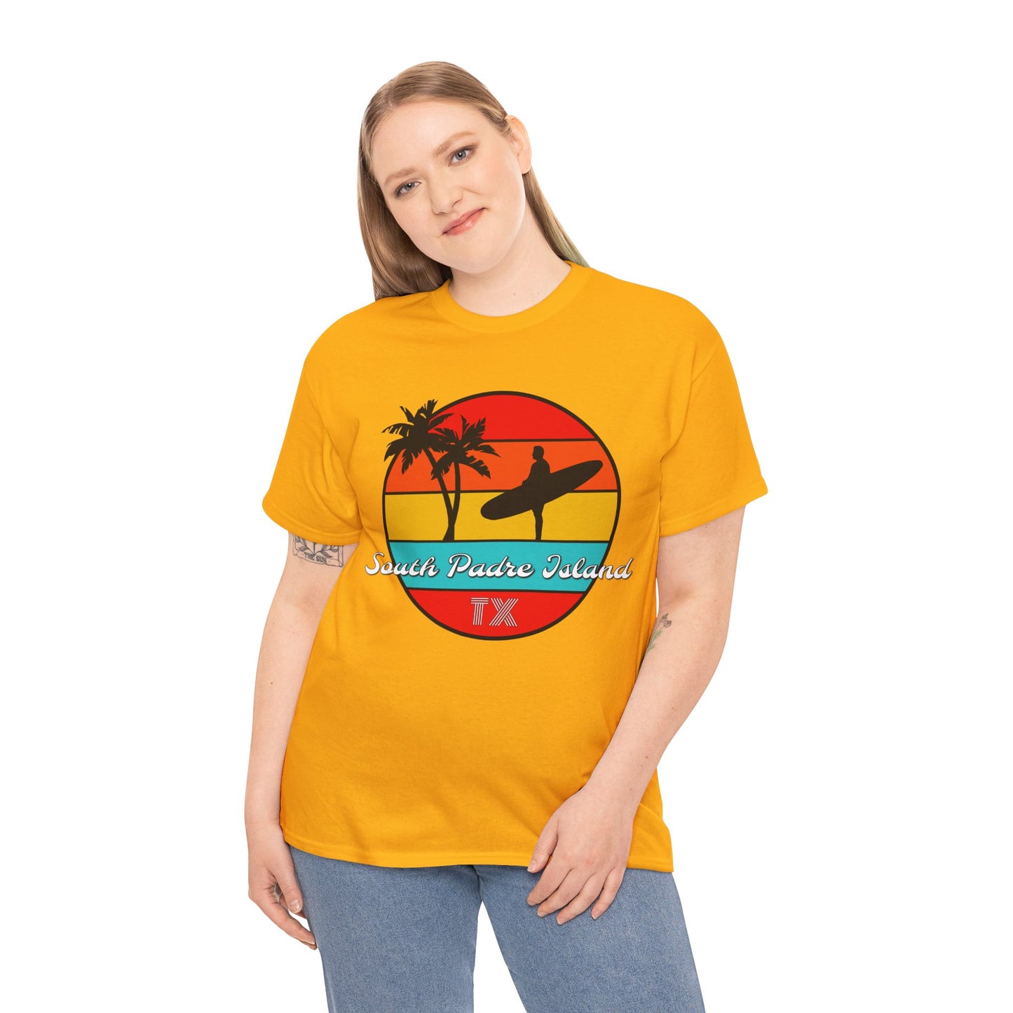 South Padre Island Texas, South Padre Surfer, Palm Trees Heavy Cotton Tee