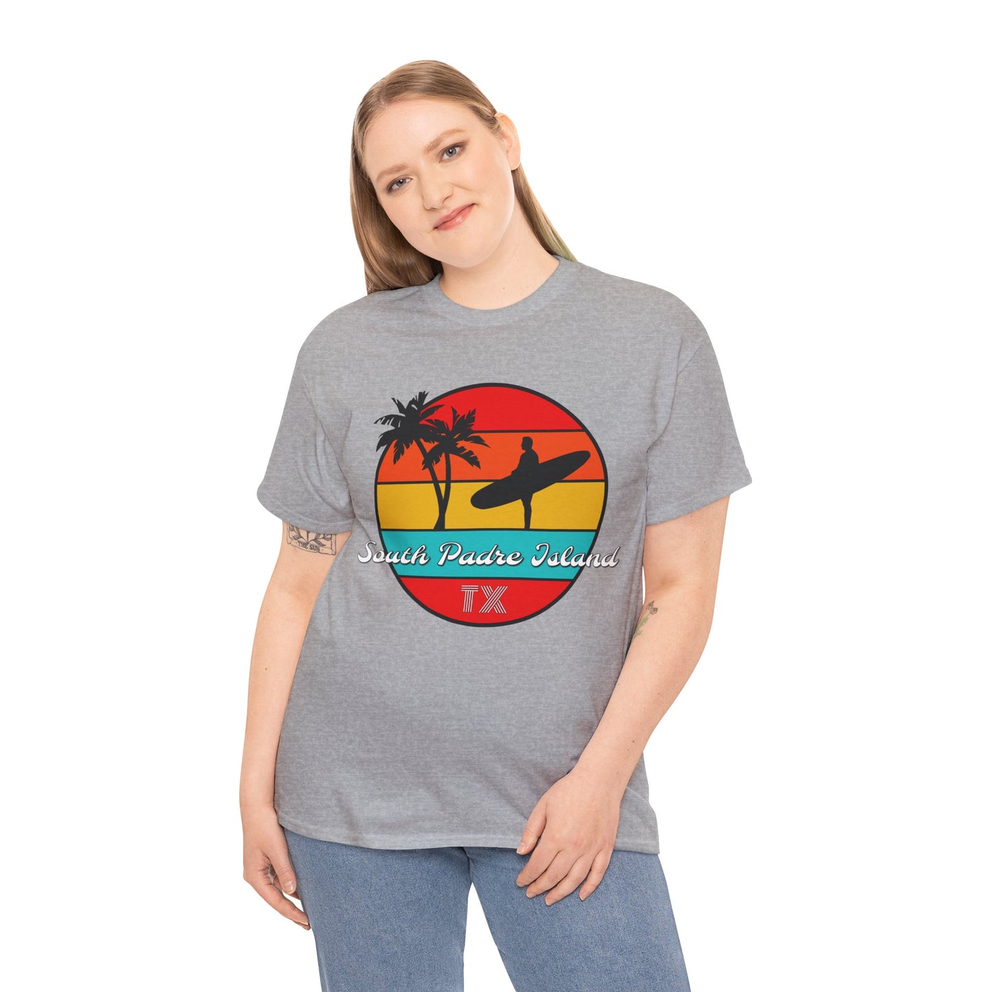 South Padre Island Texas, South Padre Surfer, Palm Trees Heavy Cotton Tee