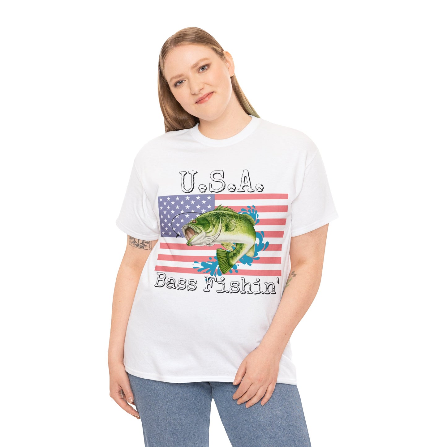 Vintage Retro USA American Flag Bass Fishing Heavy Cotton Tee