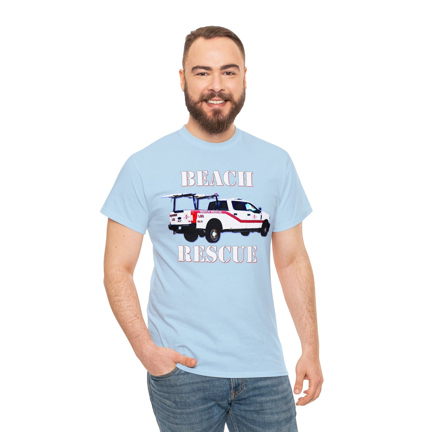 Beach Rescue Truck, Beach Life Guard Truck, Truck with Surfboard Heavy Cotton Tee