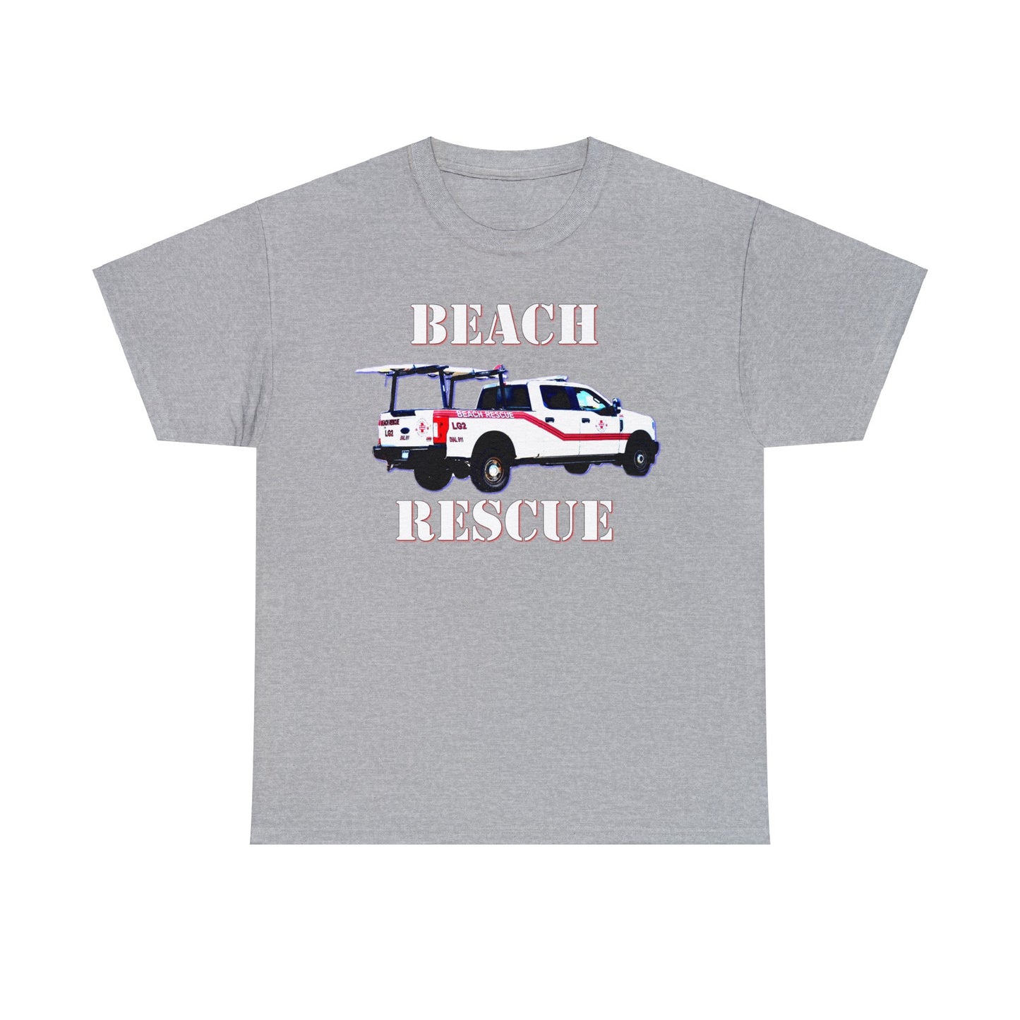 Beach Rescue Truck, Beach Life Guard Truck, Truck with Surfboard Heavy Cotton Tee