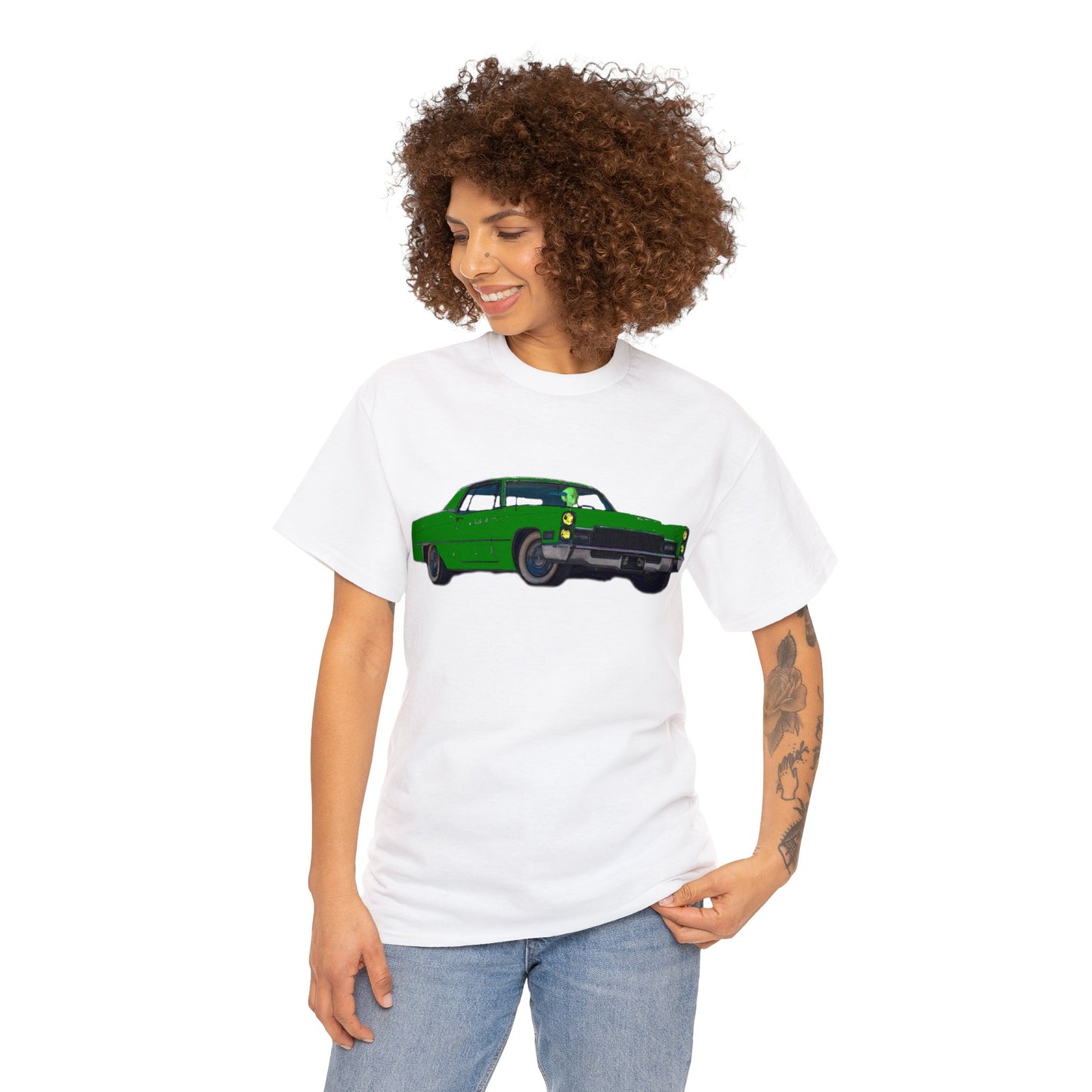 Alien Driving Car, Martian Driving a Vintage Caddy, Green Martian Heavy Cotton Tee