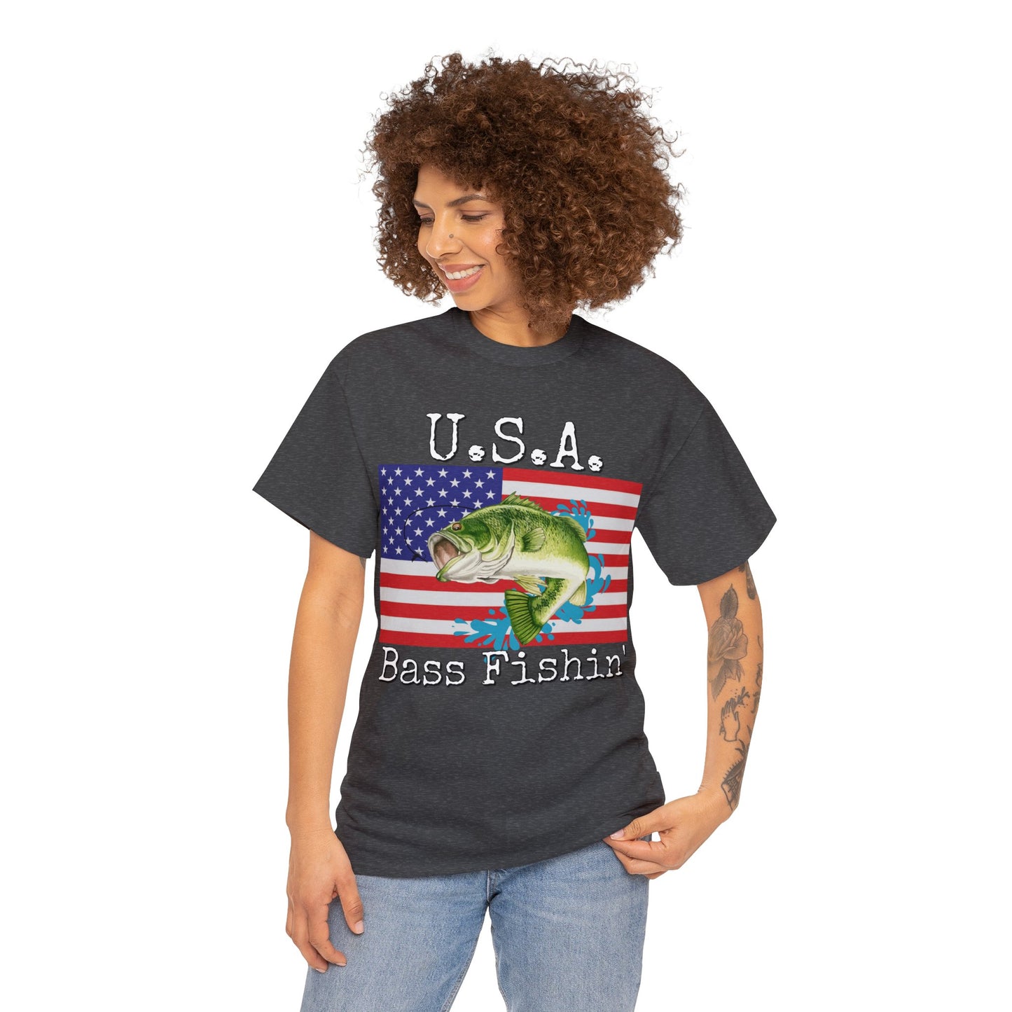 Vintage Retro USA American Flag Bass Fishing Heavy Cotton Tee